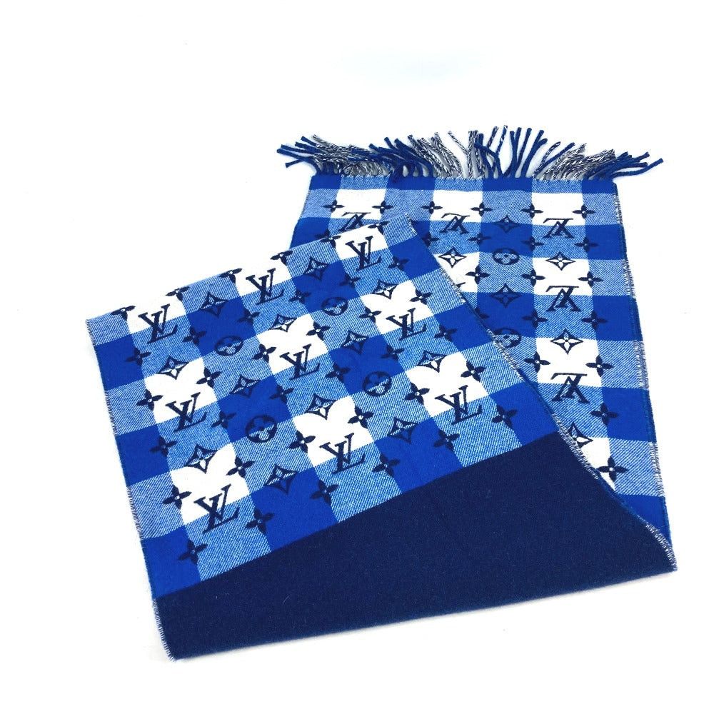 Louis Vuitton Louis Vuitton M76588 Shallp Monogram Check Block (Lump Of Something) Fringe Scarf Wool Women Blue Size ONE SIZE - 2 Thumbnail