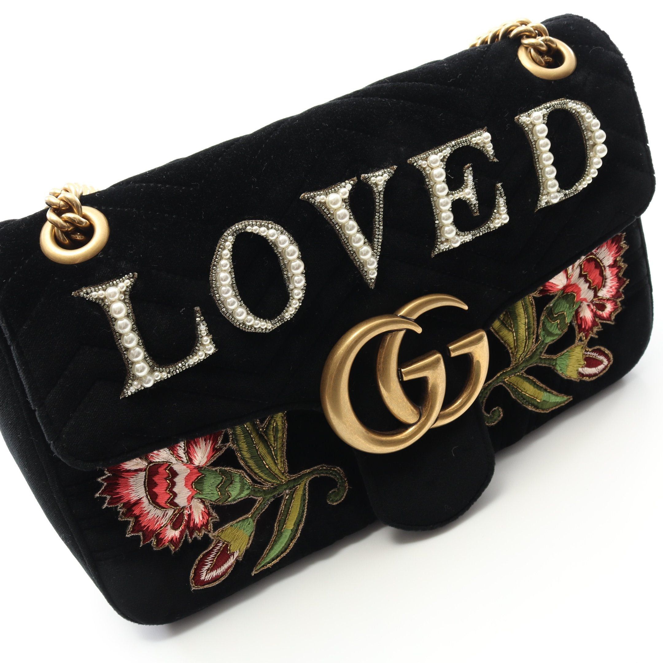Gucci Gucci Gg Marmont Velvet Medium Chain Shoulder Bag Embroidery Velor Black Multicolor Size ONE SIZE - 7 Thumbnail