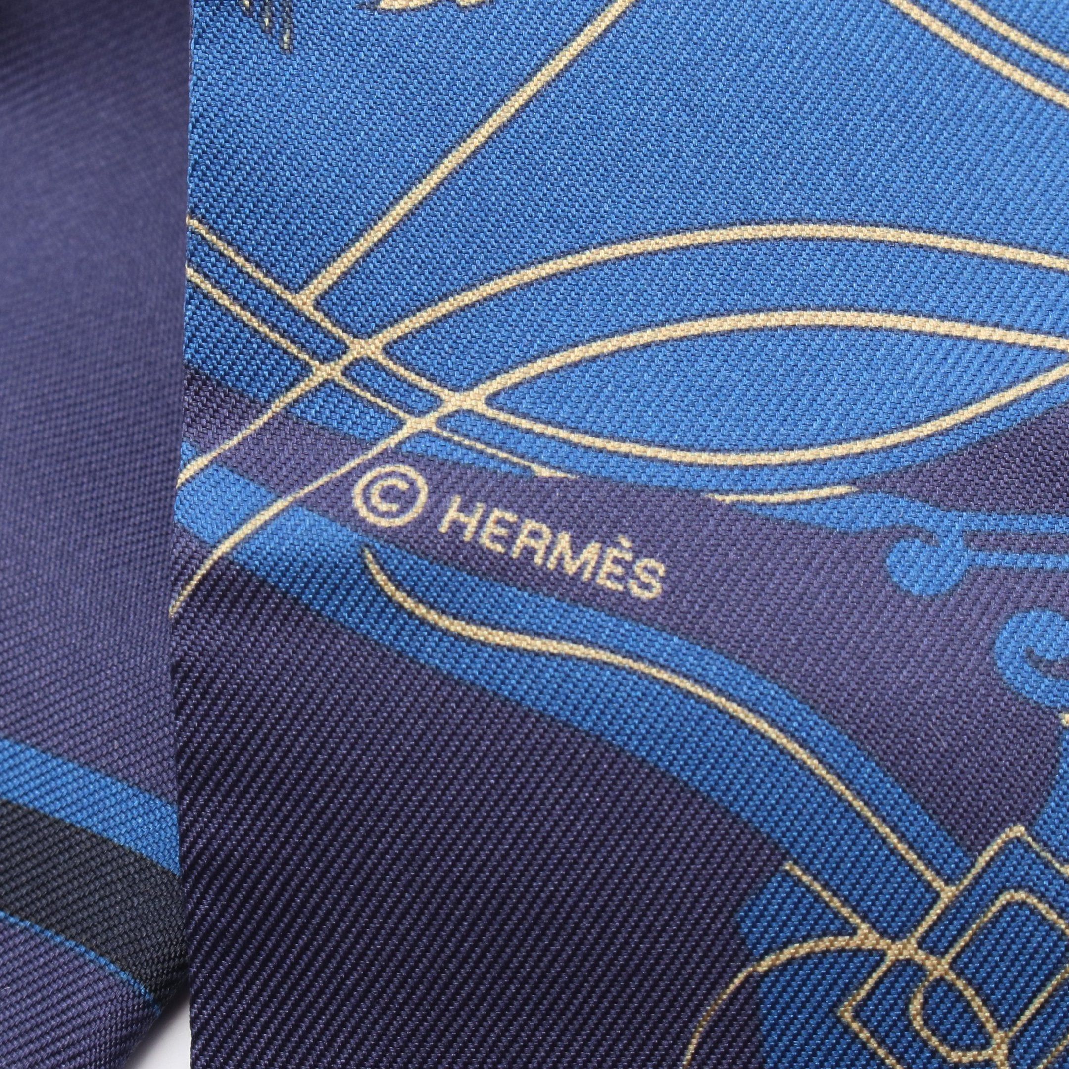 Hermes Hermes Twilly Ex Libris Ribbon Scarf Silk Navy Blue Multicolor Size ONE SIZE - 2 Thumbnail