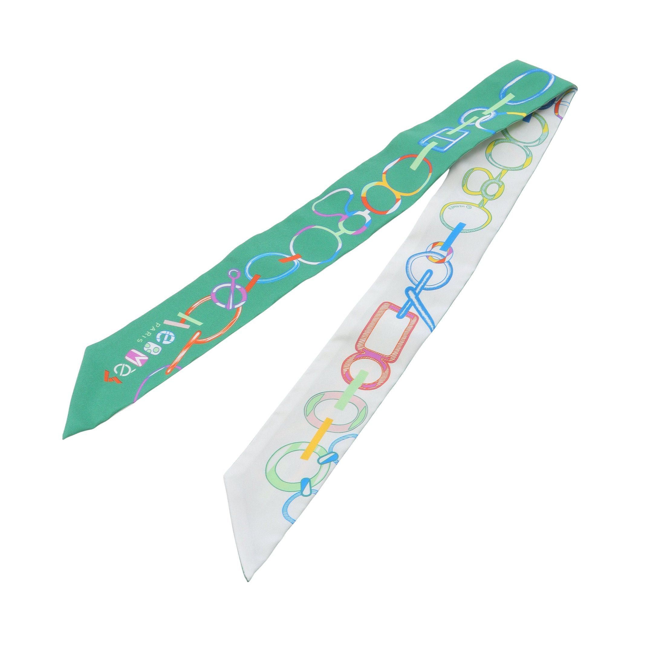 Hermes Hermes Twilly Do Re Boucles Scarf Silk Green White Multicolor Size ONE SIZE - 4 Thumbnail