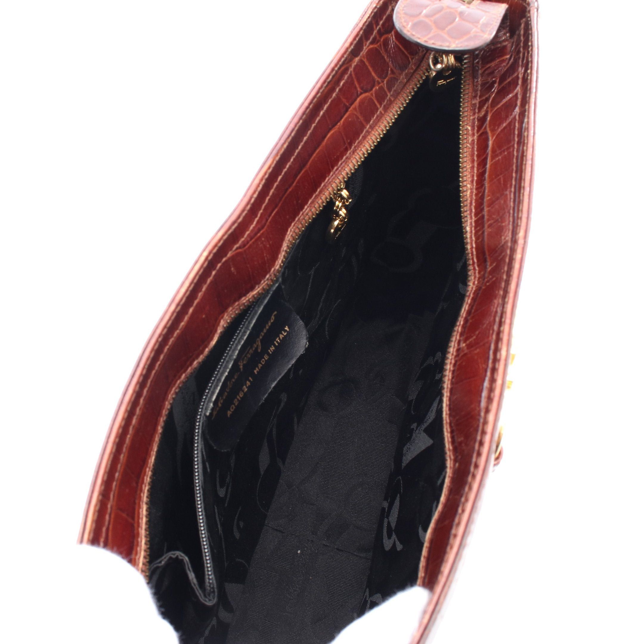 Salvatore Ferragamo Salvatore Ferragamo Gancini Shoulder Bag Leather Brown Croc Embossed Size ONE SIZE - 3 Thumbnail
