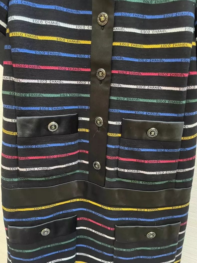 Chanel Black Striped Dress with Colorful Logo- DMC Size 22" - 2 Thumbnail