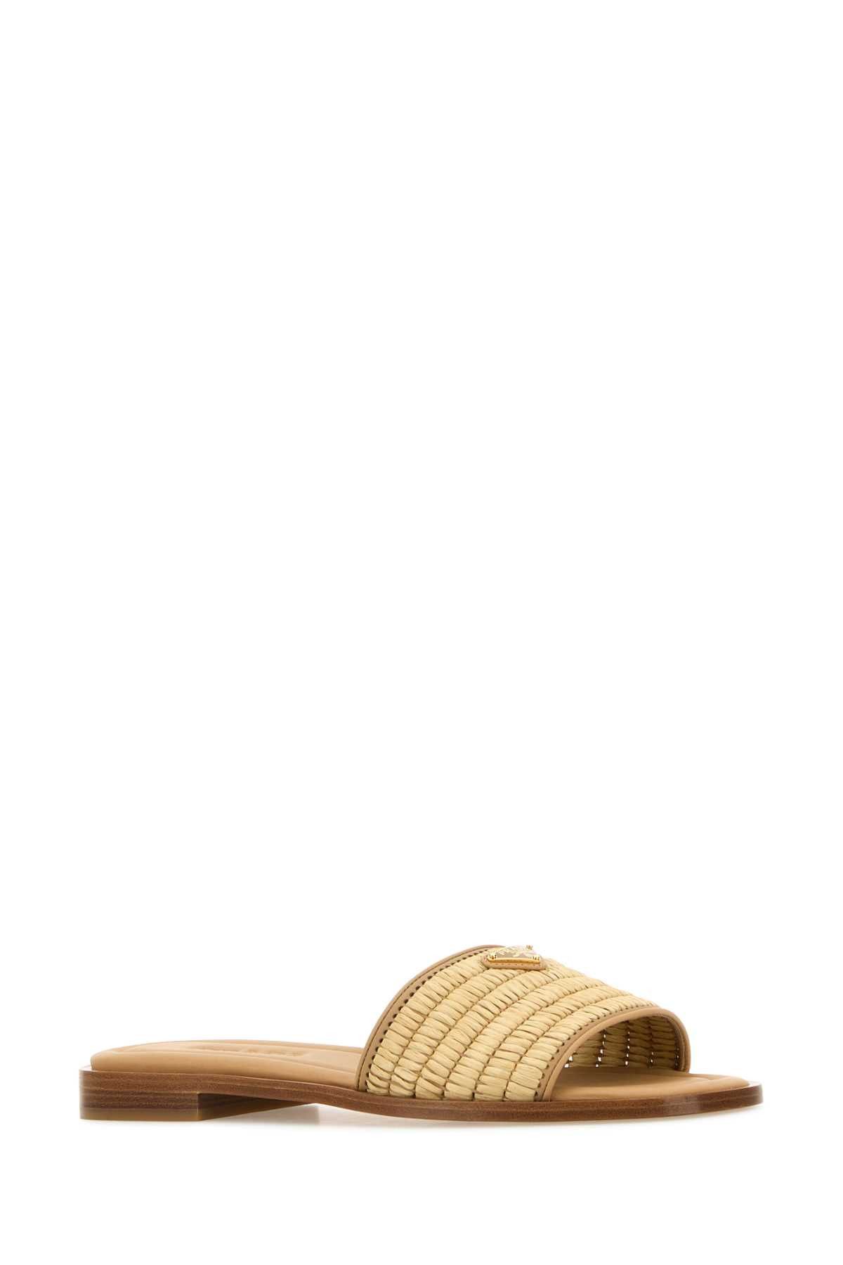 Prada Beige Raffia And Leather Slippers Size US 5.5 / IT 35.5 - 2 Thumbnail