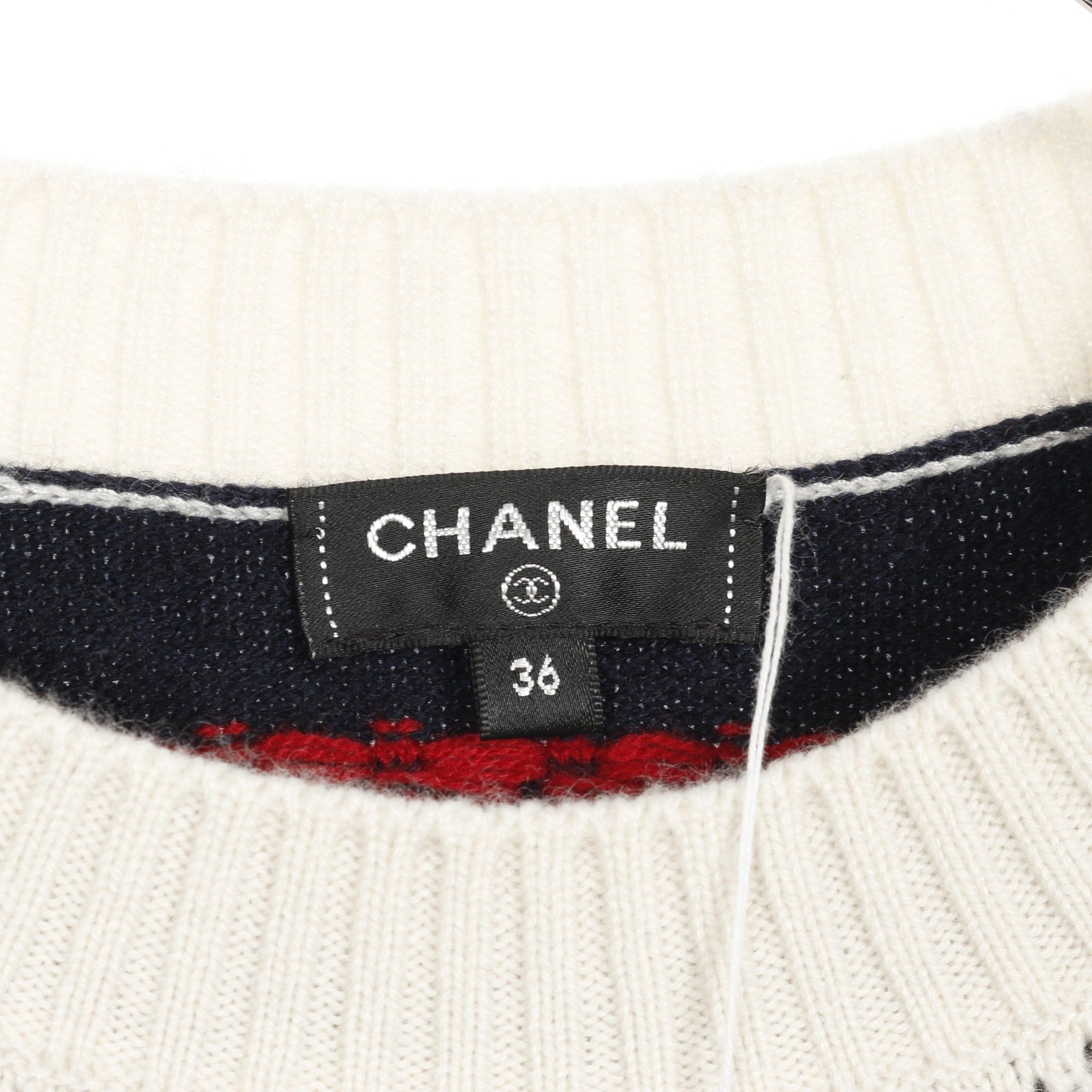 Chanel Chanel Cocomark Button Knit Crew Neck Stripes Cashmere Navy Red Ivory Size ONE SIZE - 3 Thumbnail