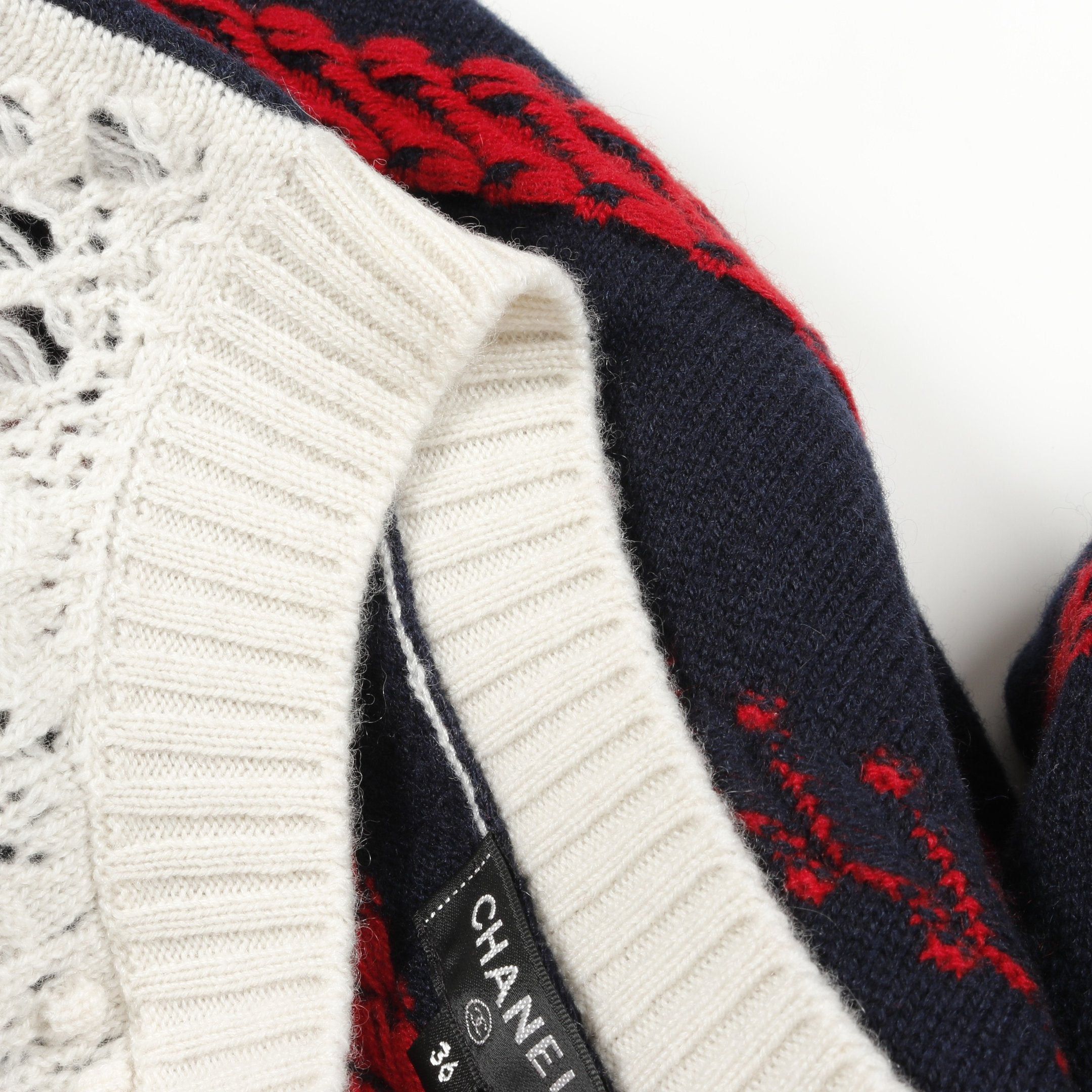 Chanel Chanel Cocomark Button Knit Crew Neck Stripes Cashmere Navy Red Ivory Size ONE SIZE - 8 Thumbnail