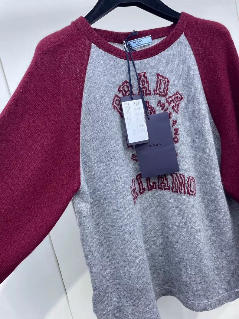 Prada Prada Gray Knit Sweater with Burgundy Sleeves-dmc Size US L / EU 52-54 / 3 - 4 Thumbnail