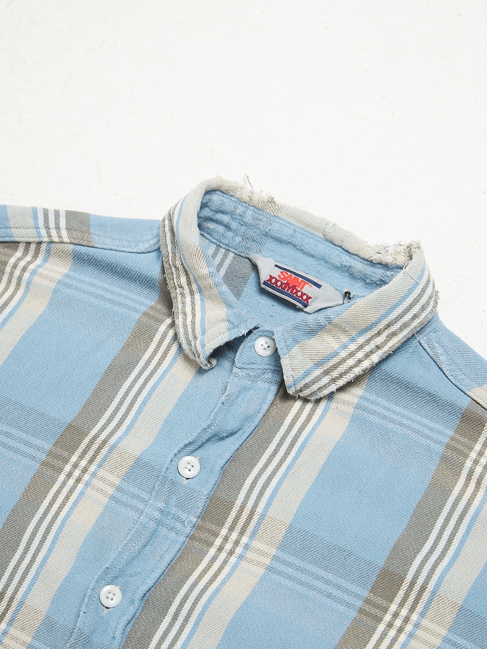 Saint Michael Blue And Gray Striped Distressed Cotton Overshirt Size US XL / EU 56 / 4 - 3 Thumbnail