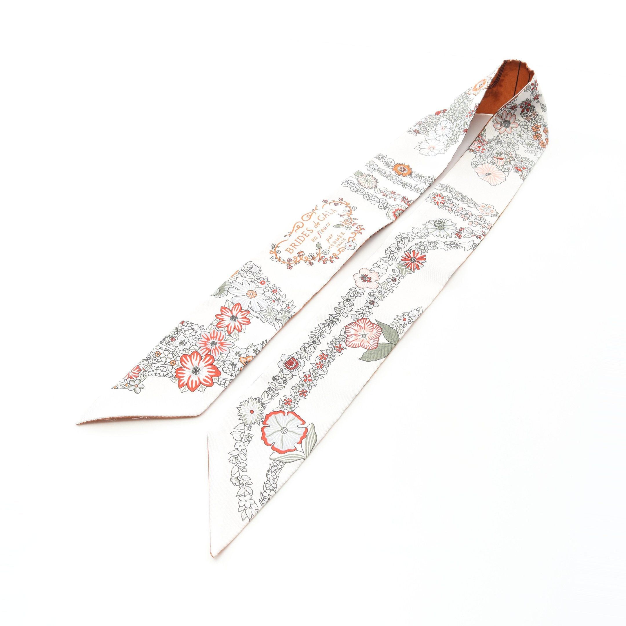 Hermes Hermes Twilly Brides De Gala En Fleurs Ribbon Scarf Silk White Light Brown Size ONE SIZE - 4 Thumbnail