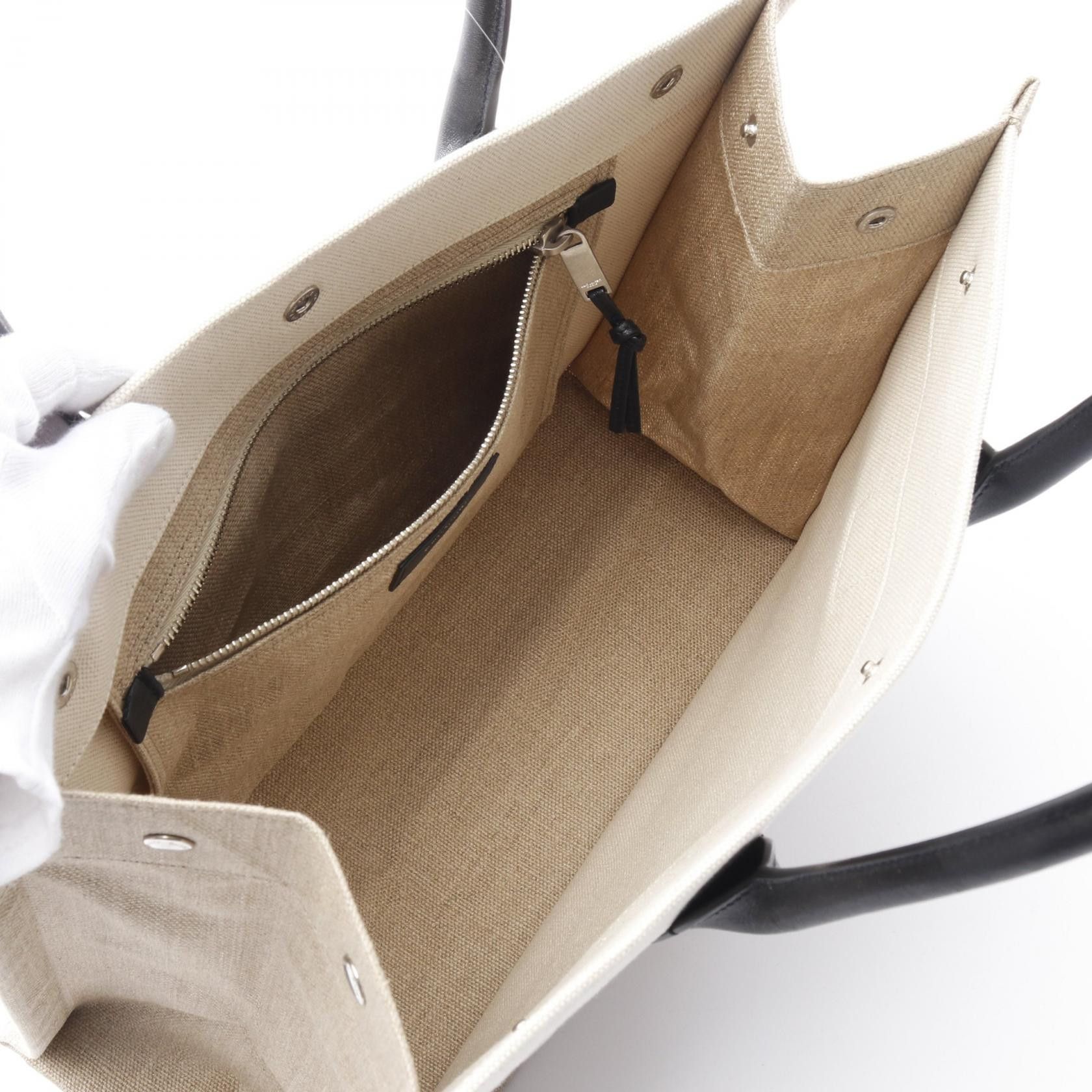 Yves Saint Laurent Yves Saint Laurent Liv Gauche Handbag Tote Bag Linen Canvas Leather Off White Beige Black Size ONE SIZE - 3 Thumbnail