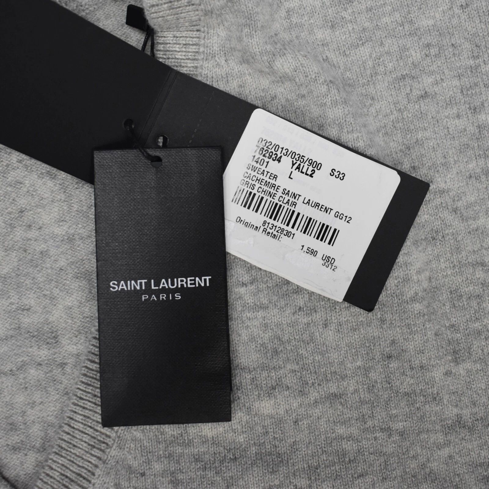 Saint Laurent Paris Saint Laurent Gray 100% Cashmere V-Neck Sweater Size US L / EU 52-54 / 3 - 5 Thumbnail
