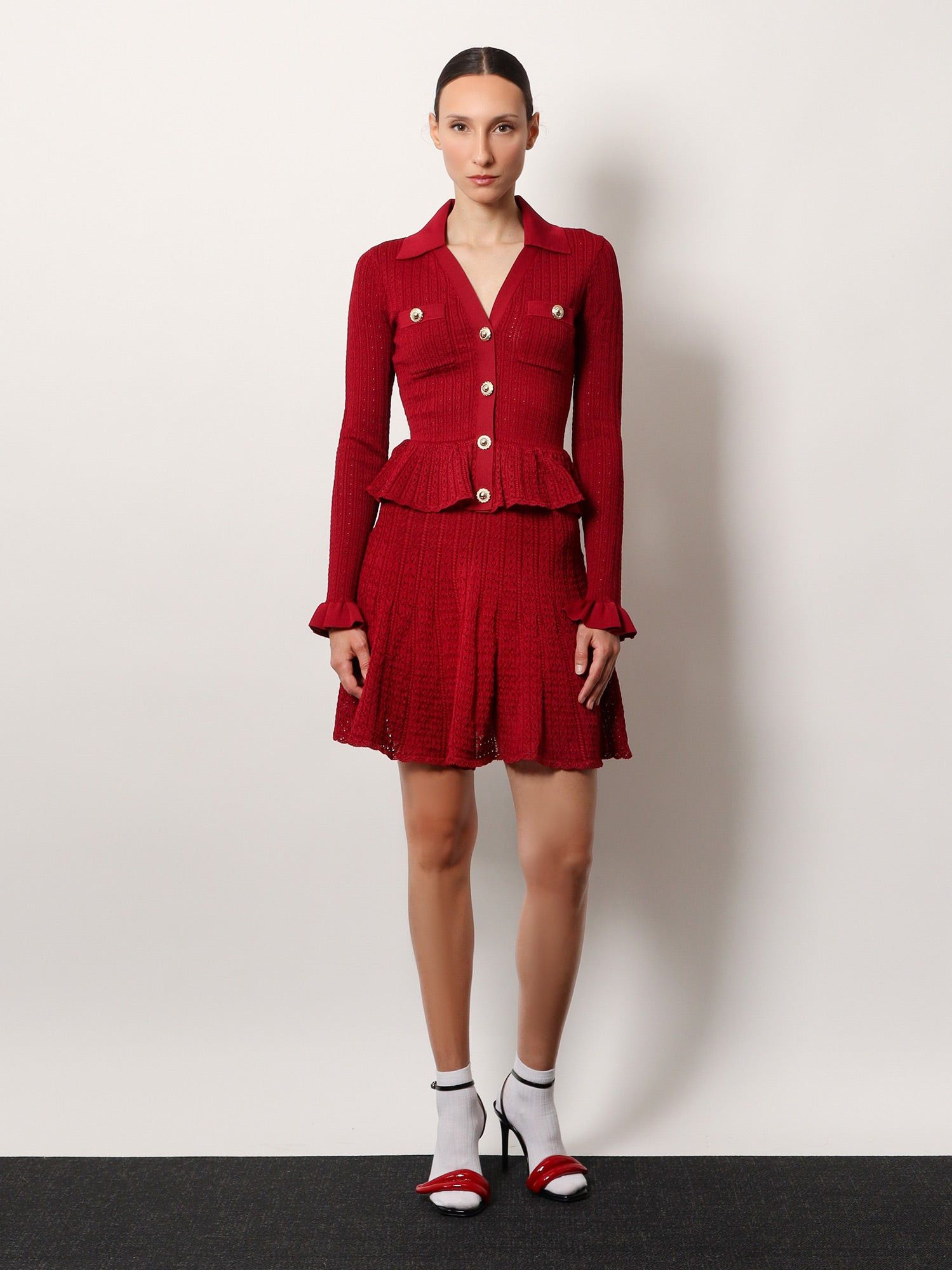 ワンピース SELF PORTRAIT Perforated knit dress with jewel buttons Self-Portrait Perforated Knit Short Dress With Jewel Buttons
