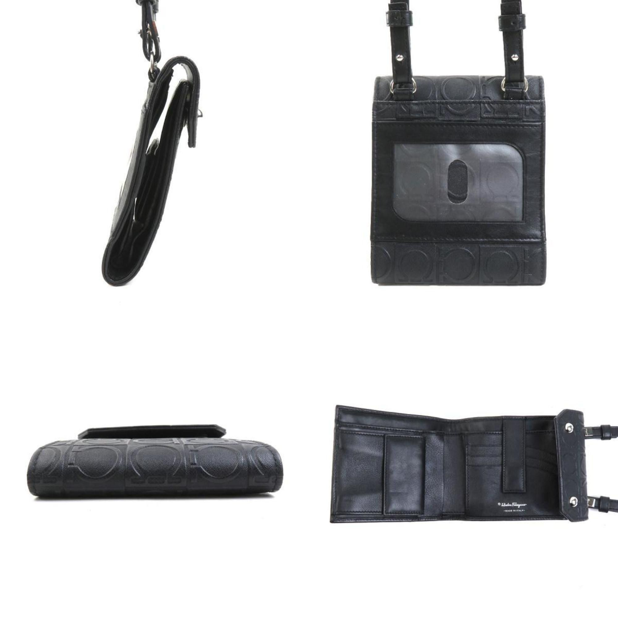 Salvatore Ferragamo Salvatore Ferragamo Tri-fold wallet Shoulder Gancini Leather Black Silver Men's Women's e60404a Size ONE SIZE - 2 Thumbnail