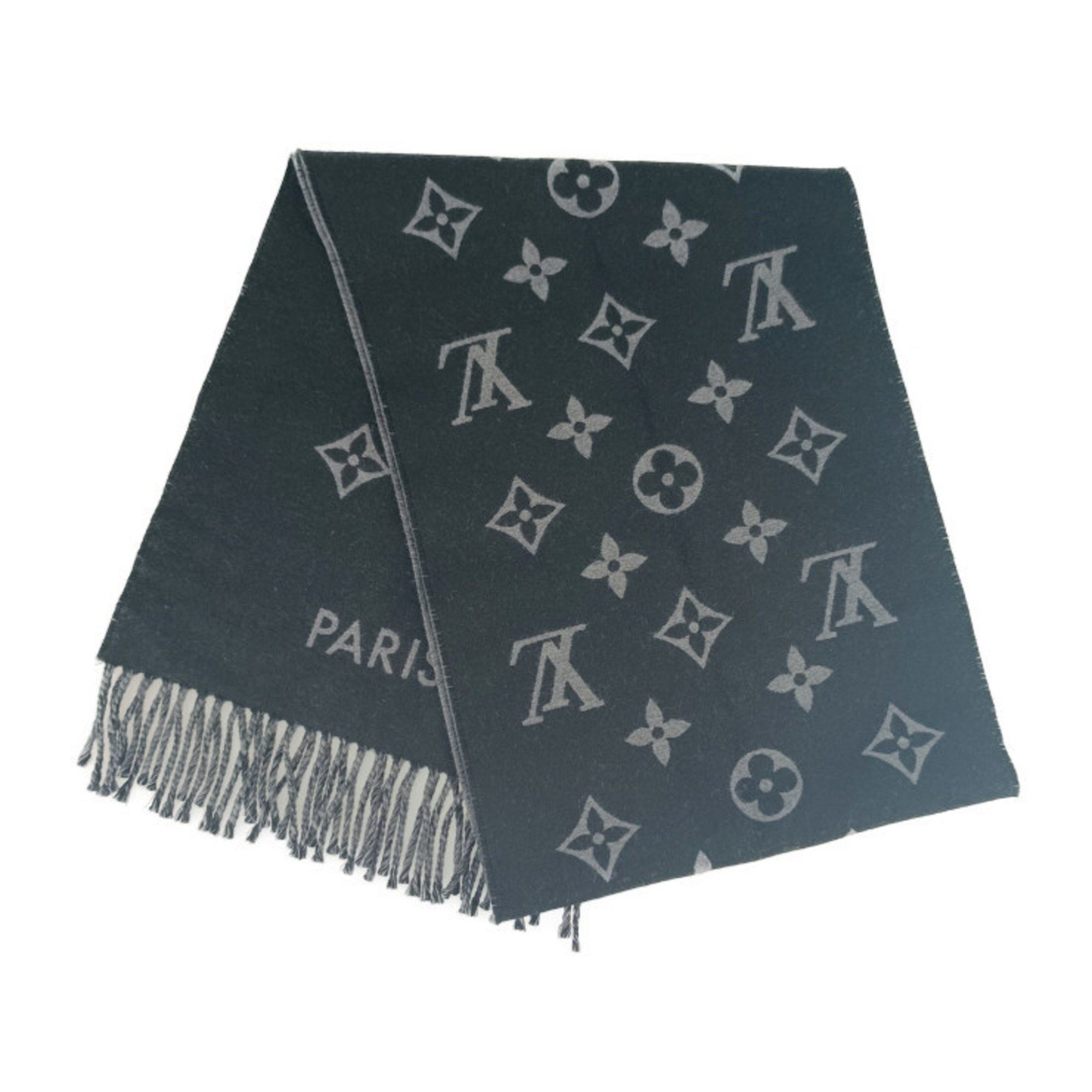 Louis Vuitton Louis Vuitton Scarf All About Monogram M79225 Black Gray 100% Wool Men's Size ONE SIZE - 2 Thumbnail