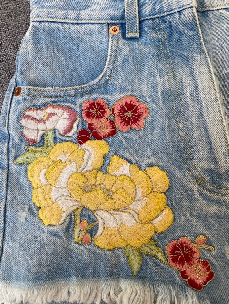 Denim Shorts Gucci Floral Shorts Gucci Jacquard Denim Shorts Blue