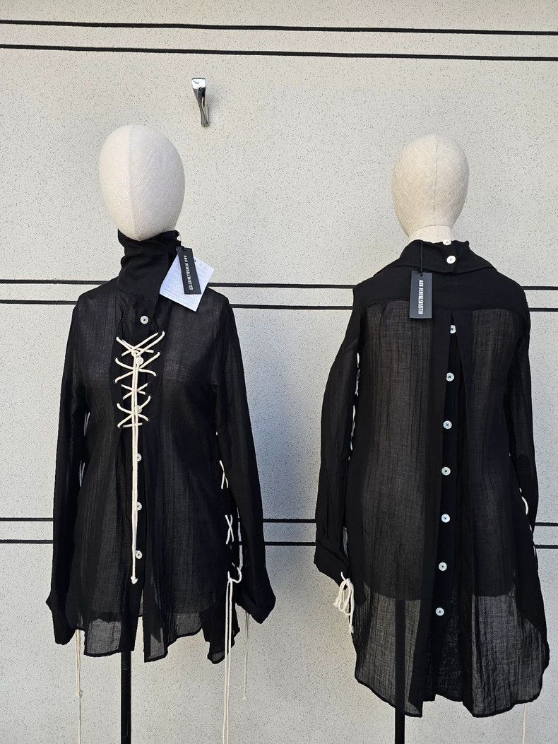 Ann Demeulemeester Unisex Black Button-Up Shirt with Lace Size M / US 6-8 / IT 42-44 - 2 Thumbnail