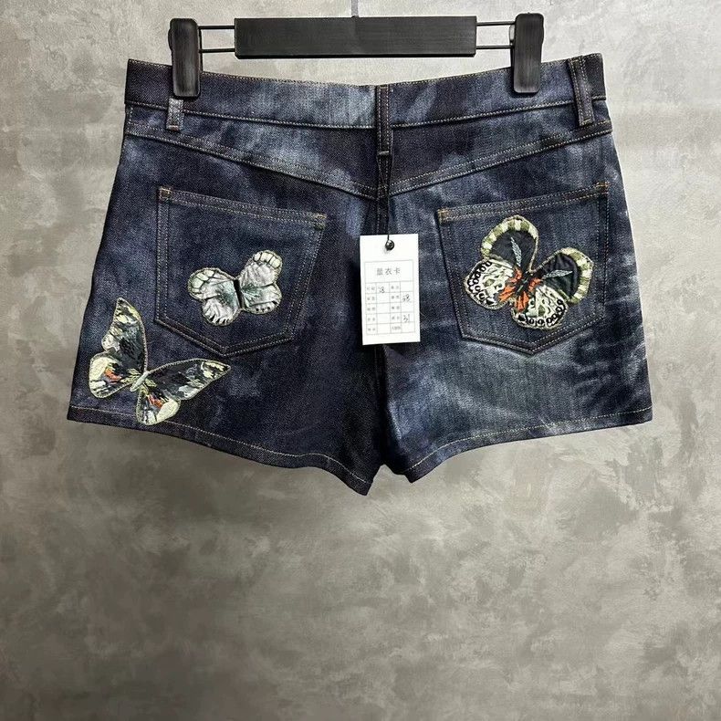 Valentino Blue Embroidered Butterfly Pattern Denim Shorts Size 38" / US 16 / IT 52 - 2 Thumbnail