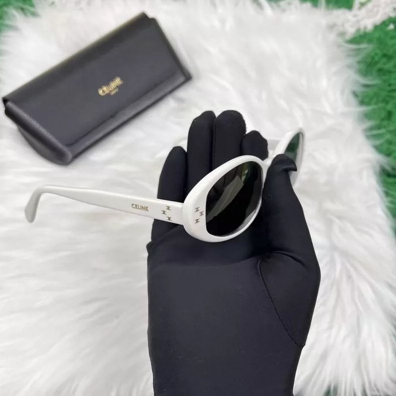 Celine Celine White Logo Oval Sunglasses with Case Size ONE SIZE - 4 Thumbnail