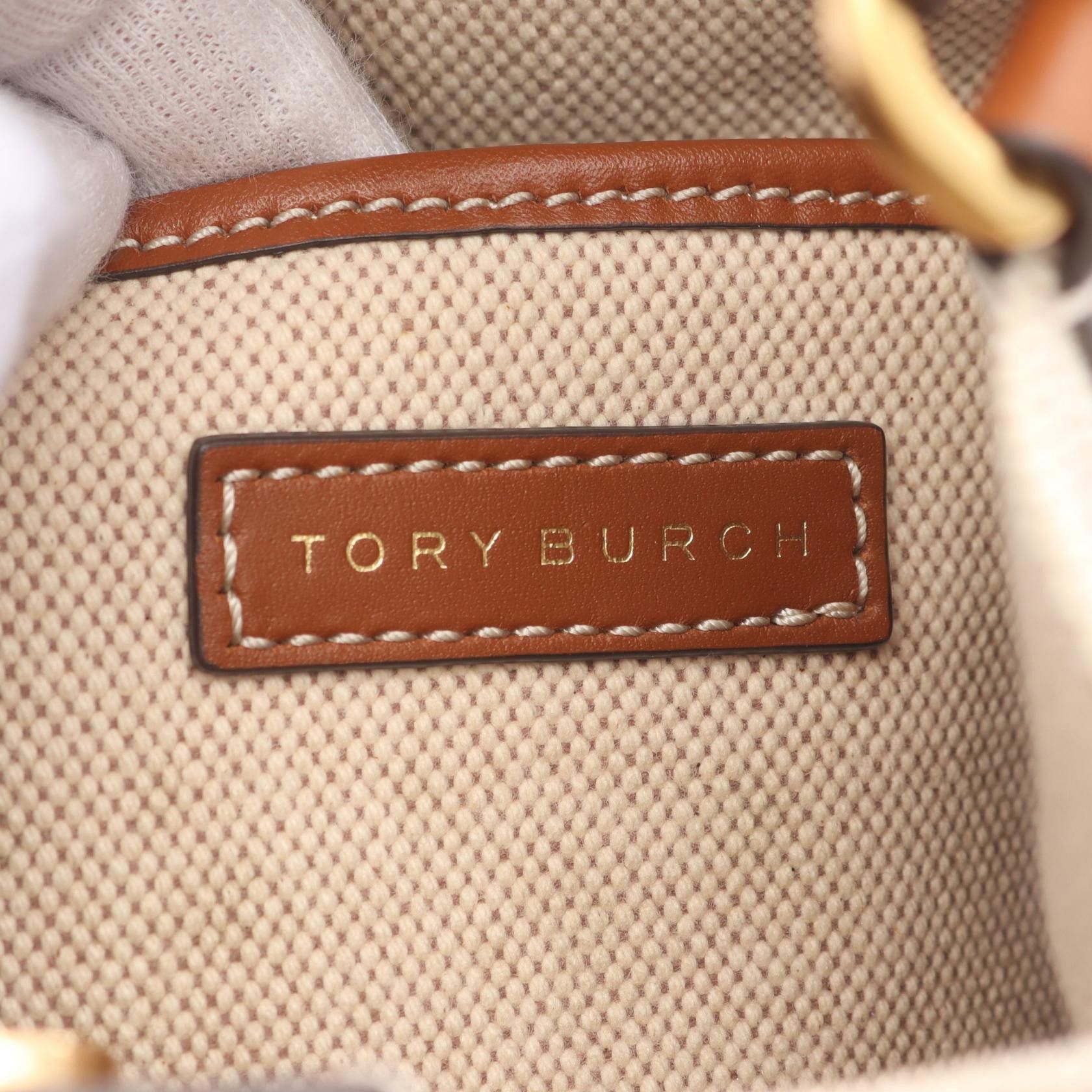 Tory Burch Tory Burch Blake Canvas Bucket Bag Handbag Leather Beige Brown Size ONE SIZE - 4 Thumbnail