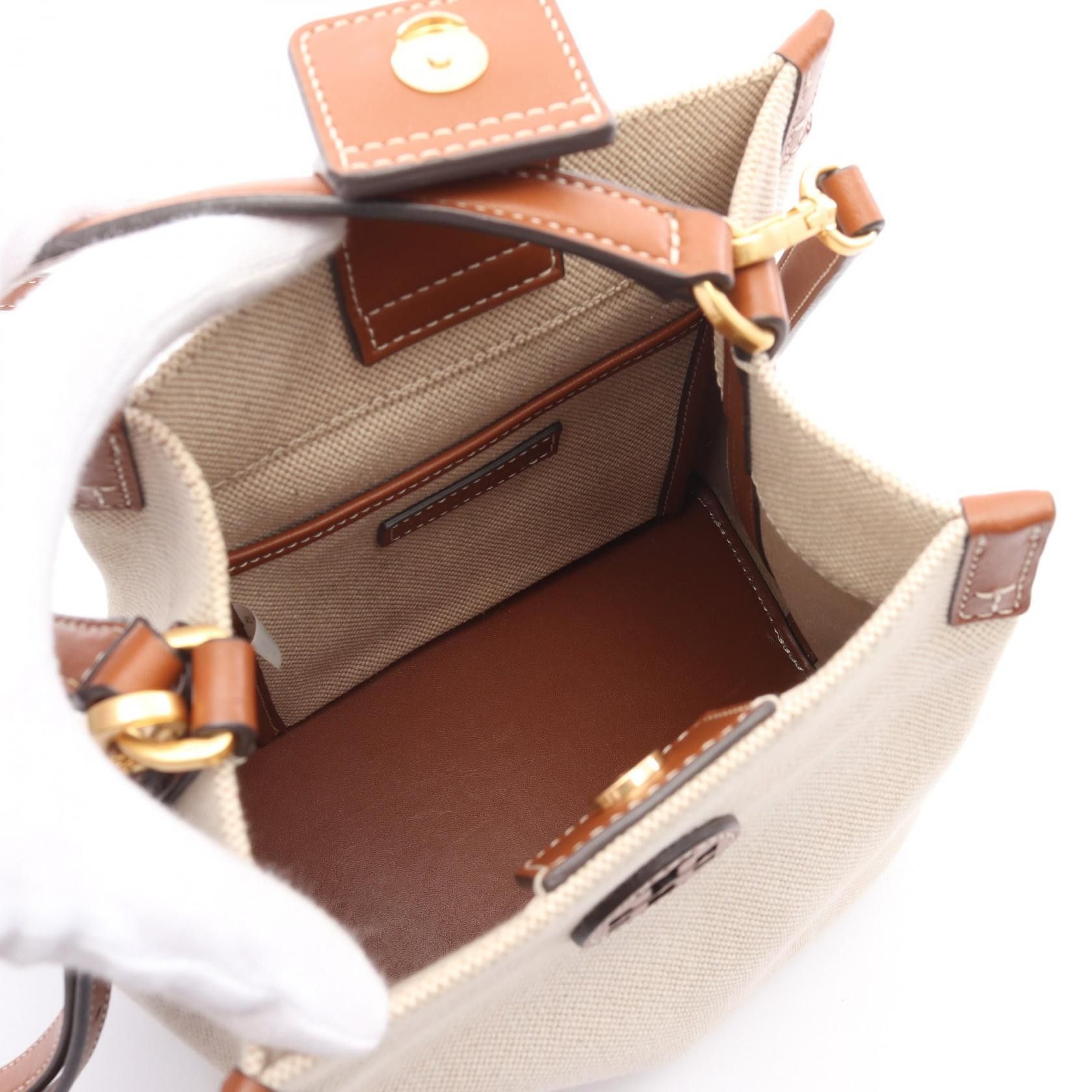 Tory Burch Tory Burch Blake Canvas Bucket Bag Handbag Leather Beige Brown Size ONE SIZE - 3 Thumbnail
