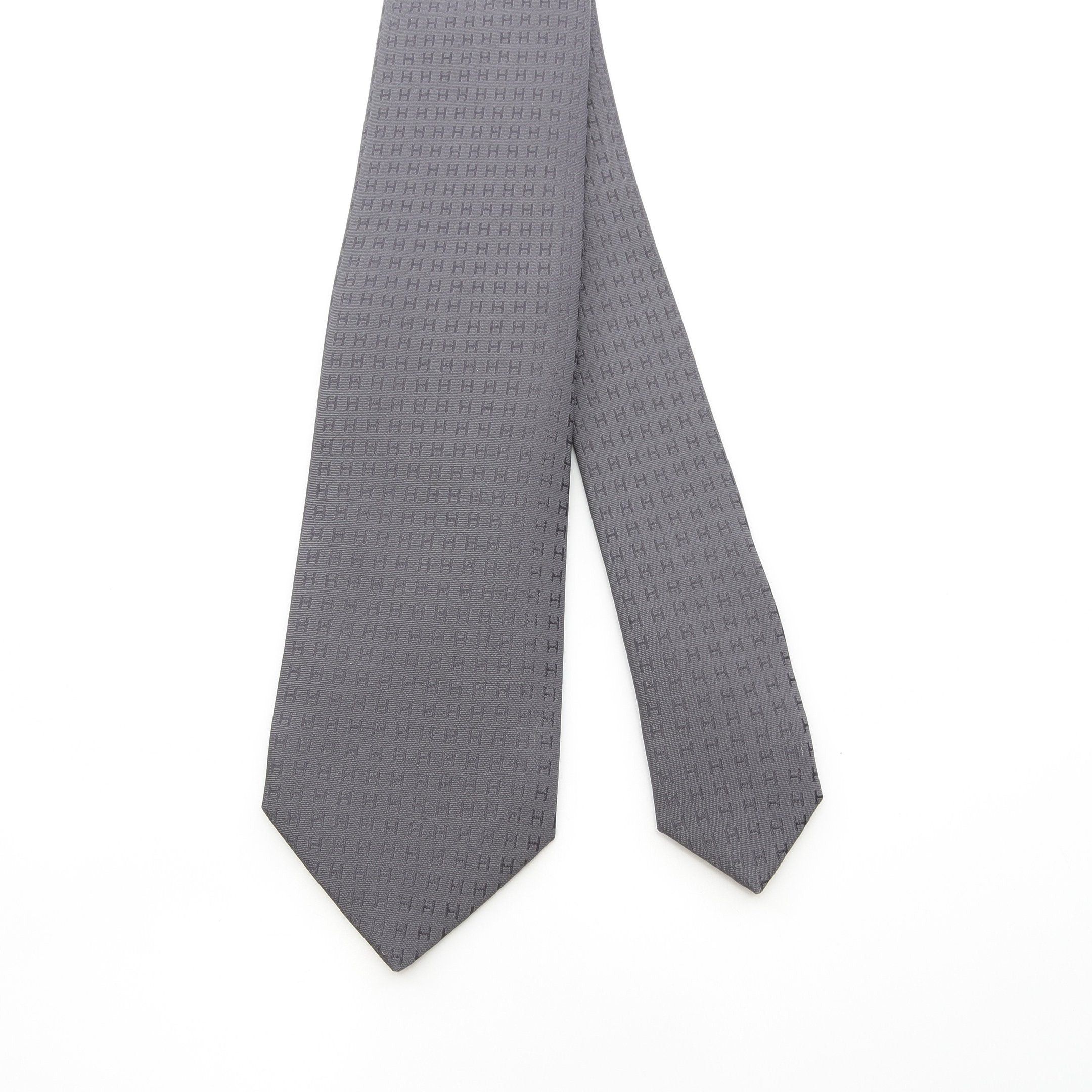 Hermes Hermes H Pattern Tie Silk Dark Gray Size ONE SIZE - 2 Thumbnail