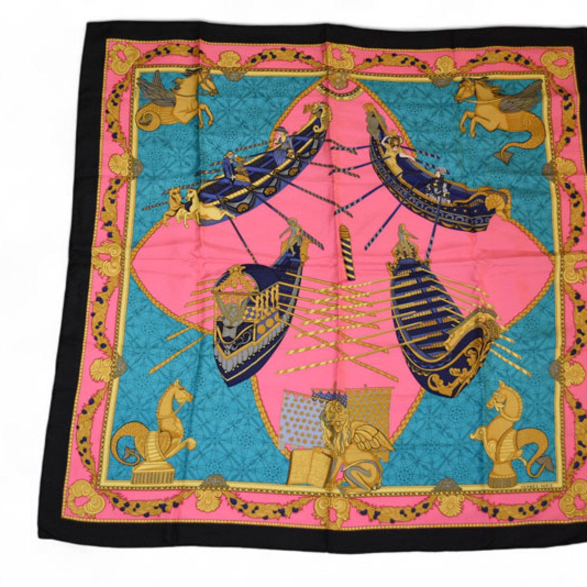 Hermes Hermes Scarf Muffler HERMES Carre 90 Silk Twill Les Bissone D'e Venise Venice Boat Festival Black Pink Size ONE SIZE - 9 Thumbnail