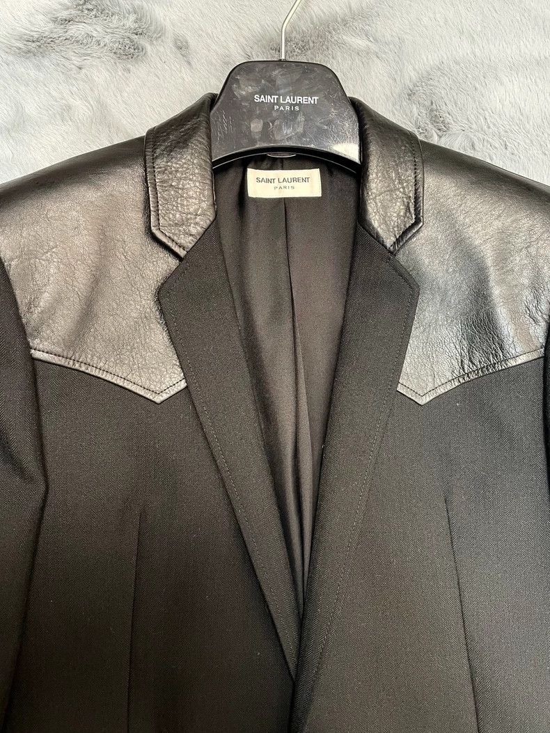 Saint Laurent Paris Saint Laurent Black Leather and Wool Blazer Size US L / EU 52-54 / 3 - 3 Thumbnail