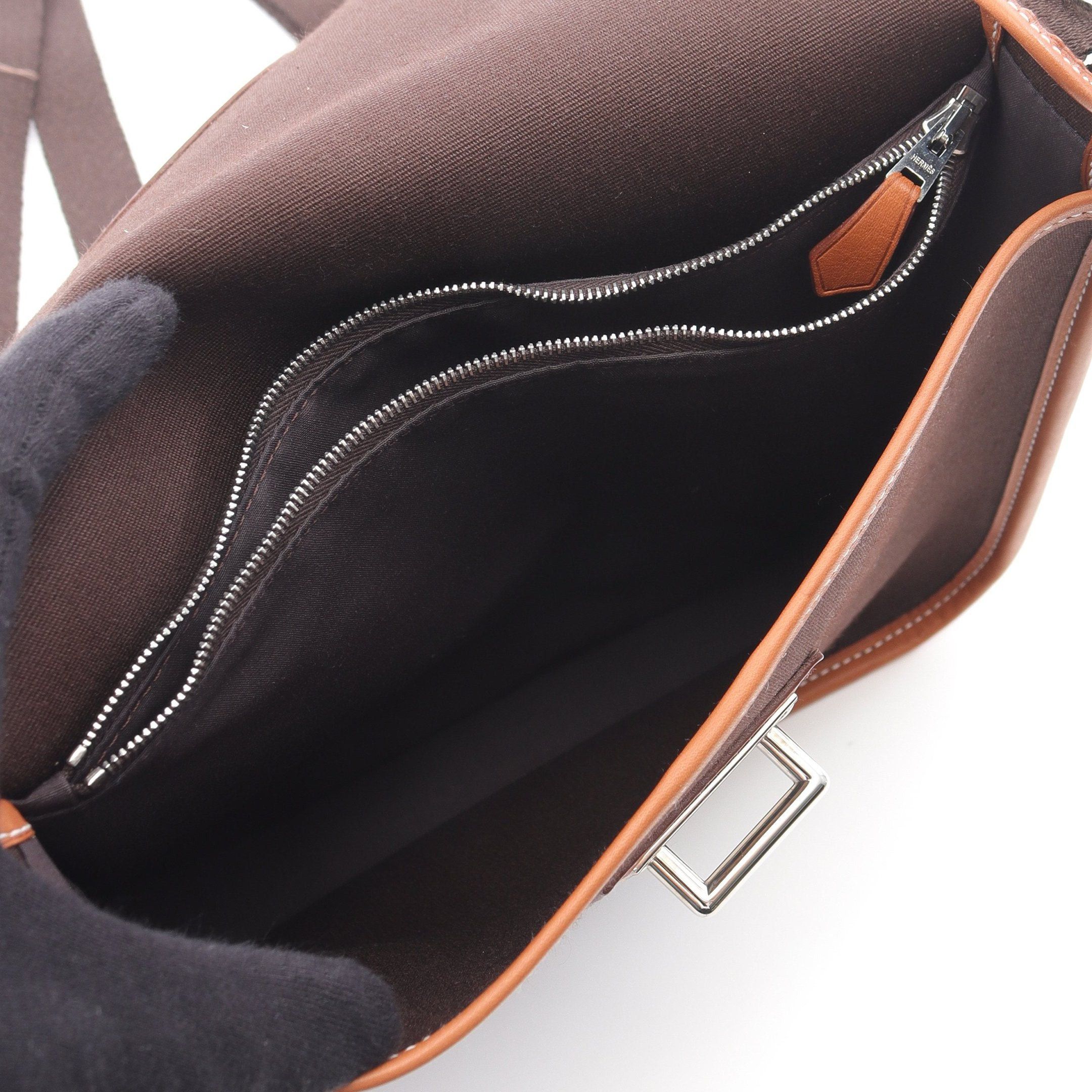 Hermes Hermes Buenaventura Pm Forbe Shoulder Bag Toile Officier Veau Barenia Dark Brown Silver Hardware Size ONE SIZE - 3 Thumbnail