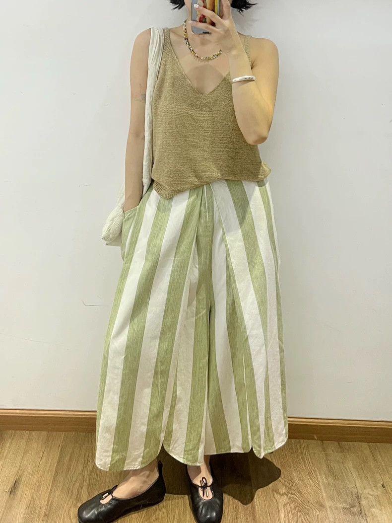 Kapital Light Green Striped Wide-Leg Pants Size US 27 - 3 Thumbnail