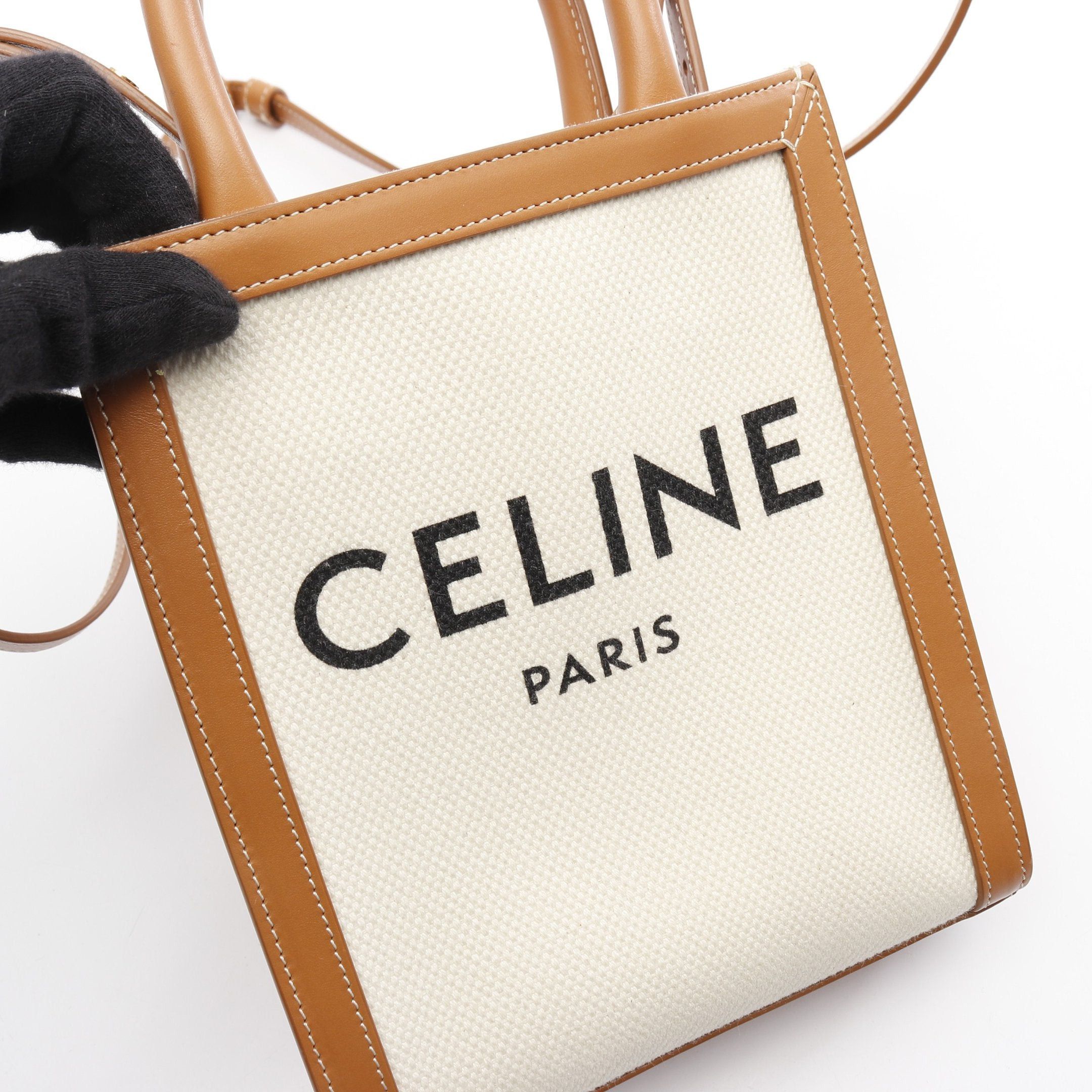 Celine Mini Vertical Cabas Handbag Canvas Leather Ivory Light Brown