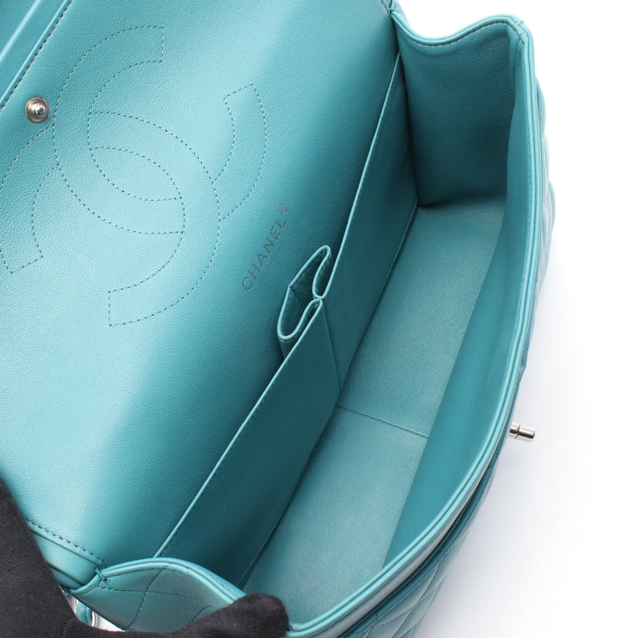 Chanel Chanel Decamatlassé 30 Classic Large Double Flap Chain Shoulder Bag Leather Turquoise Blue Silver Hardware Size ONE SIZE - 3 Thumbnail