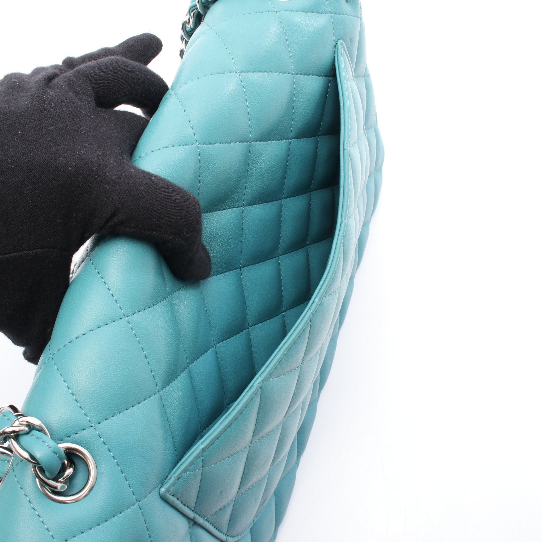 Chanel Chanel Decamatlassé 30 Classic Large Double Flap Chain Shoulder Bag Leather Turquoise Blue Silver Hardware Size ONE SIZE - 6 Thumbnail