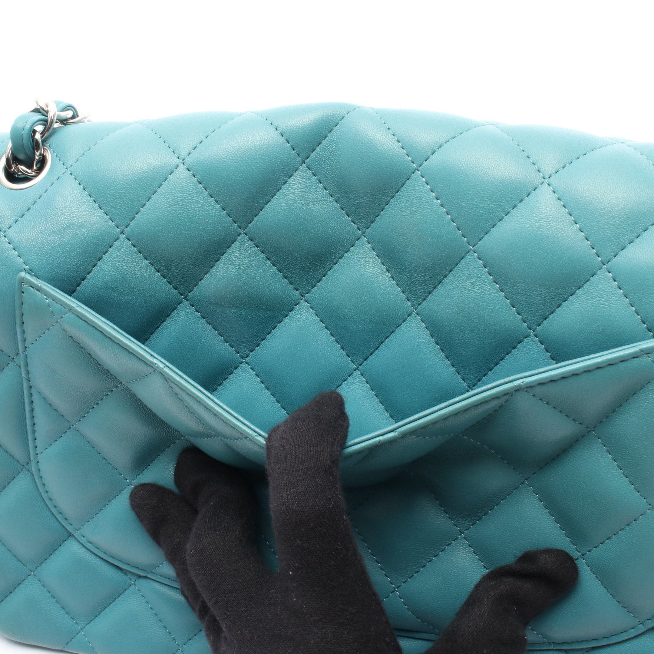 Chanel Chanel Decamatlassé 30 Classic Large Double Flap Chain Shoulder Bag Leather Turquoise Blue Silver Hardware Size ONE SIZE - 7 Thumbnail