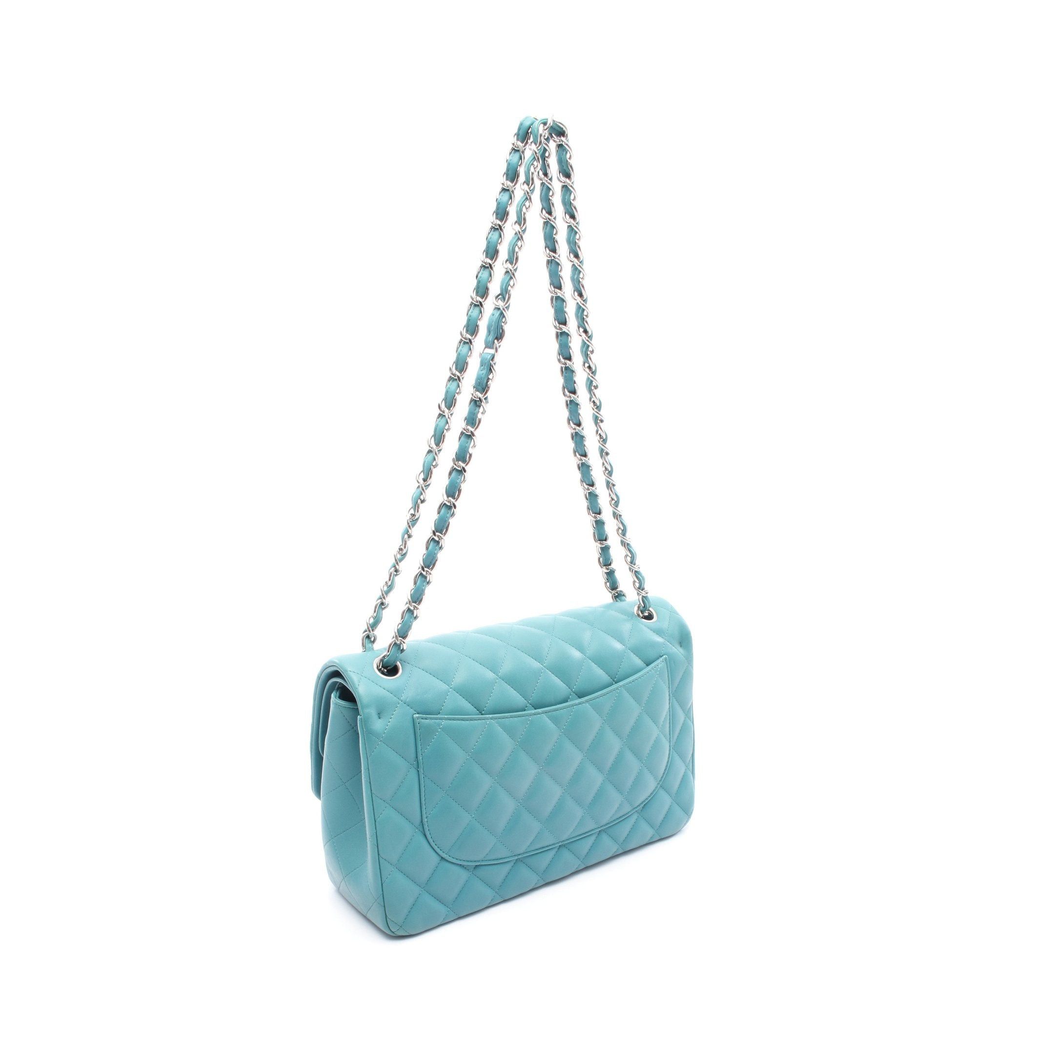 Chanel Chanel Decamatlassé 30 Classic Large Double Flap Chain Shoulder Bag Leather Turquoise Blue Silver Hardware Size ONE SIZE - 2 Thumbnail