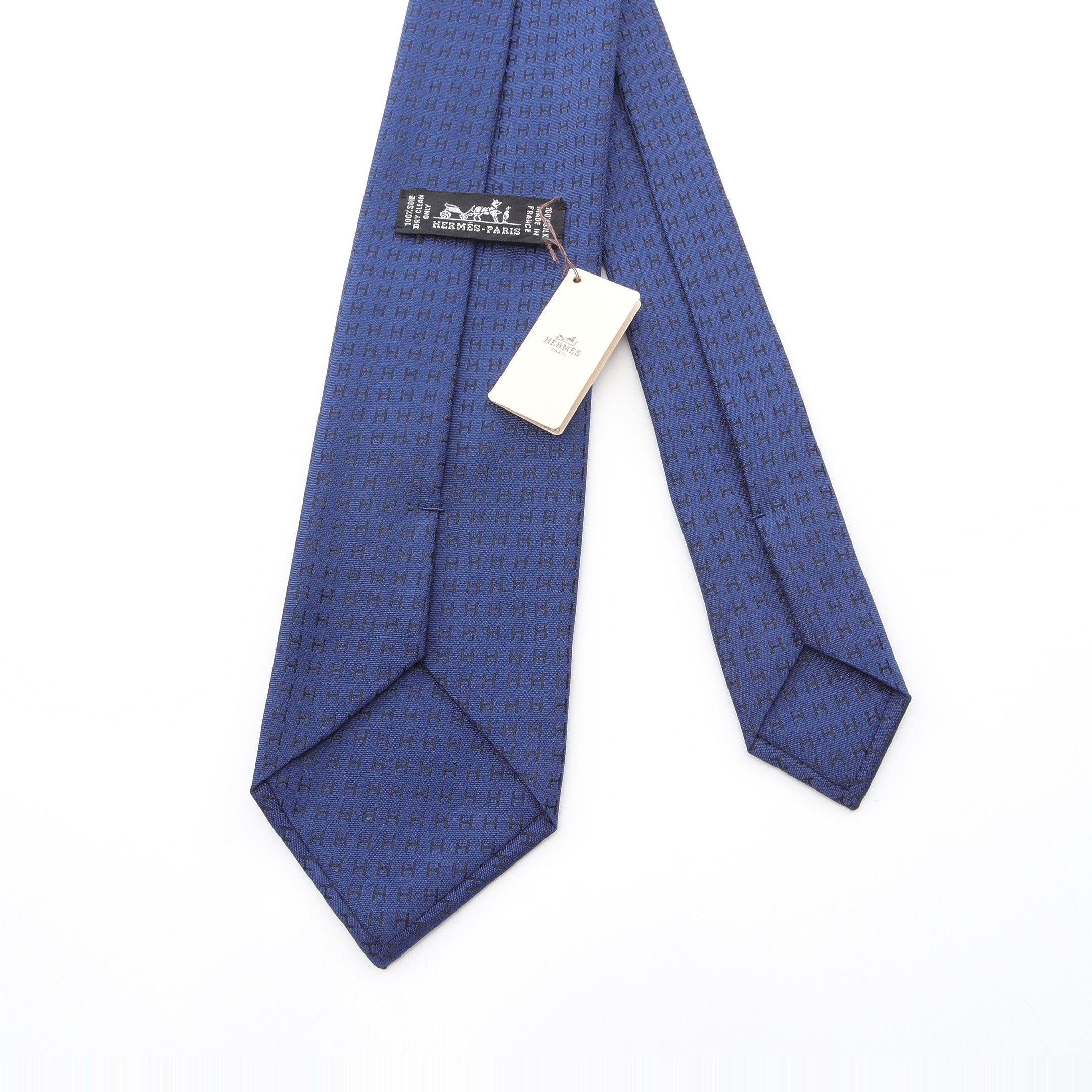 Hermes Hermes H Pattern Tie Silk Dark Blue Size ONE SIZE - 3 Thumbnail