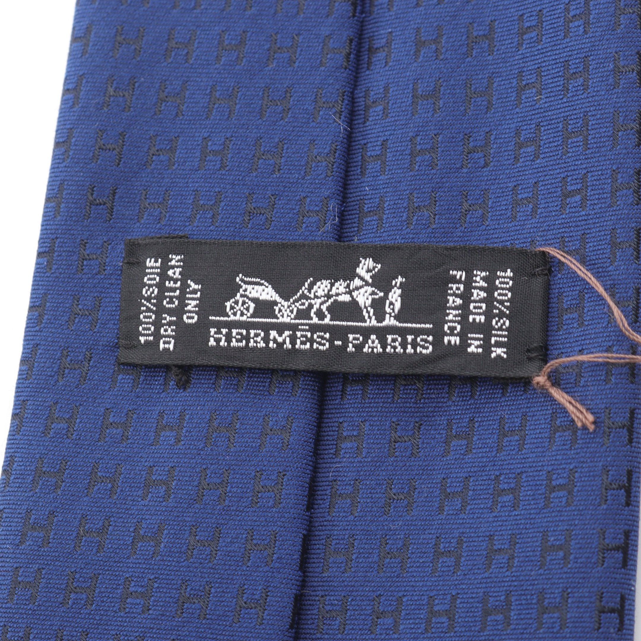 Hermes Hermes H Pattern Tie Silk Dark Blue Size ONE SIZE - 4 Thumbnail