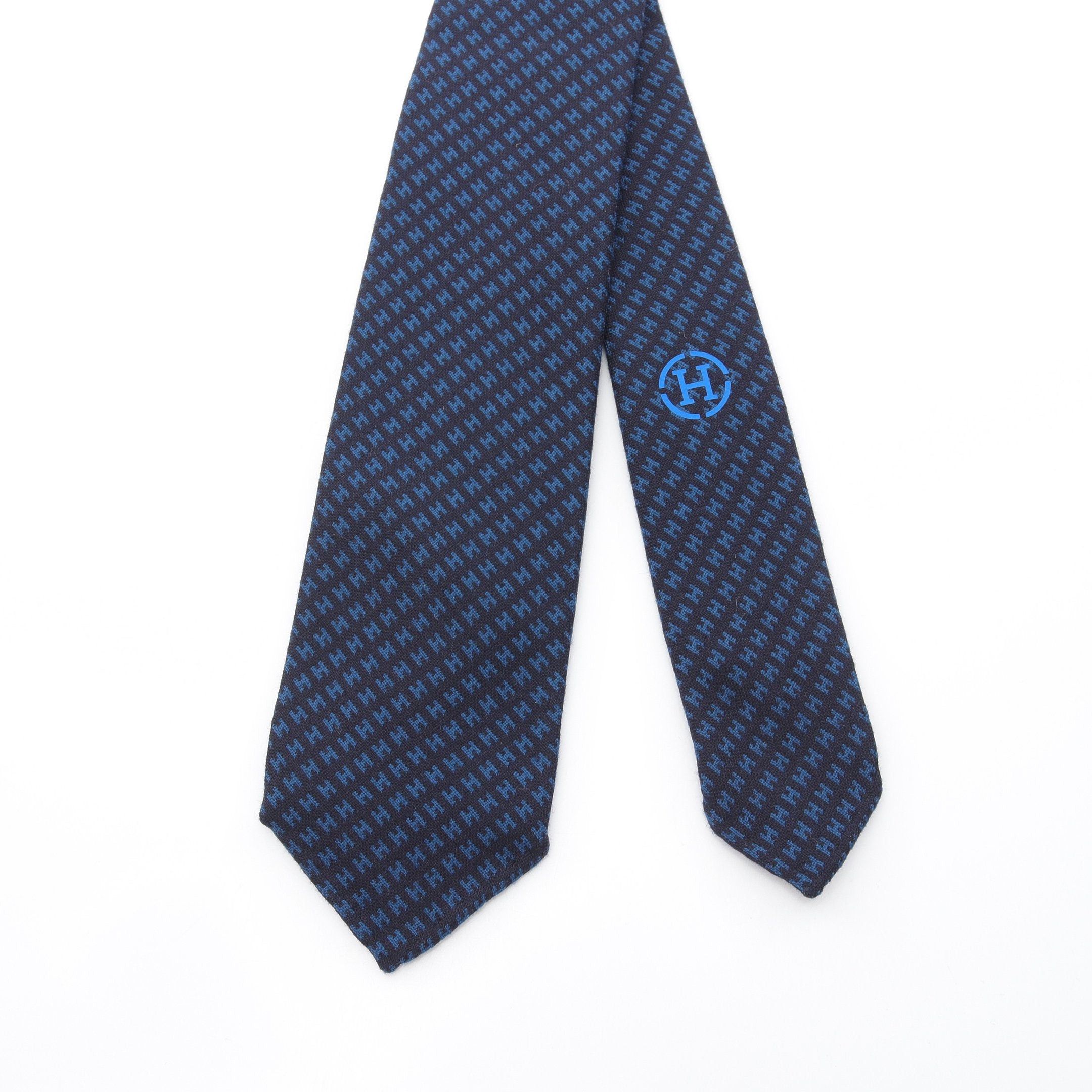 Hermes Hermes H Pattern Tie Wool Dark Navy Blue Size ONE SIZE - 2 Thumbnail