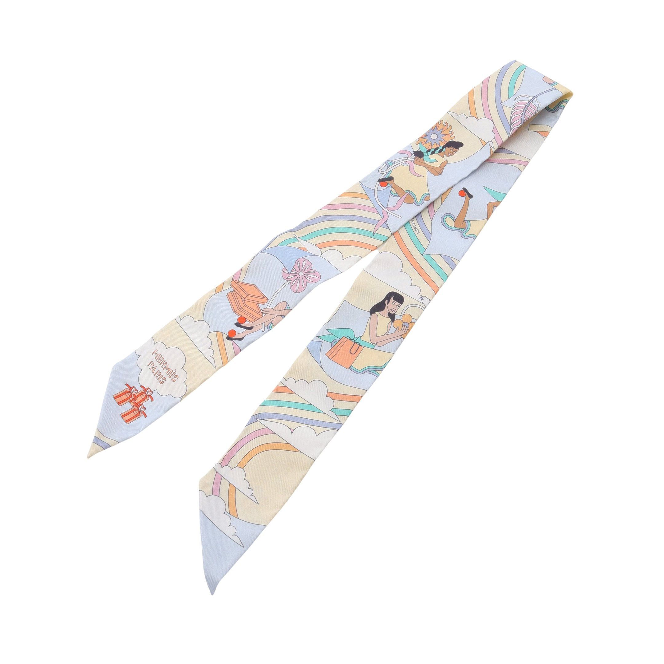 Hermes Hermes Twilly Carres Volants Ribbon Scarf Silk Light Blue Multicolor Size ONE SIZE - 4 Thumbnail