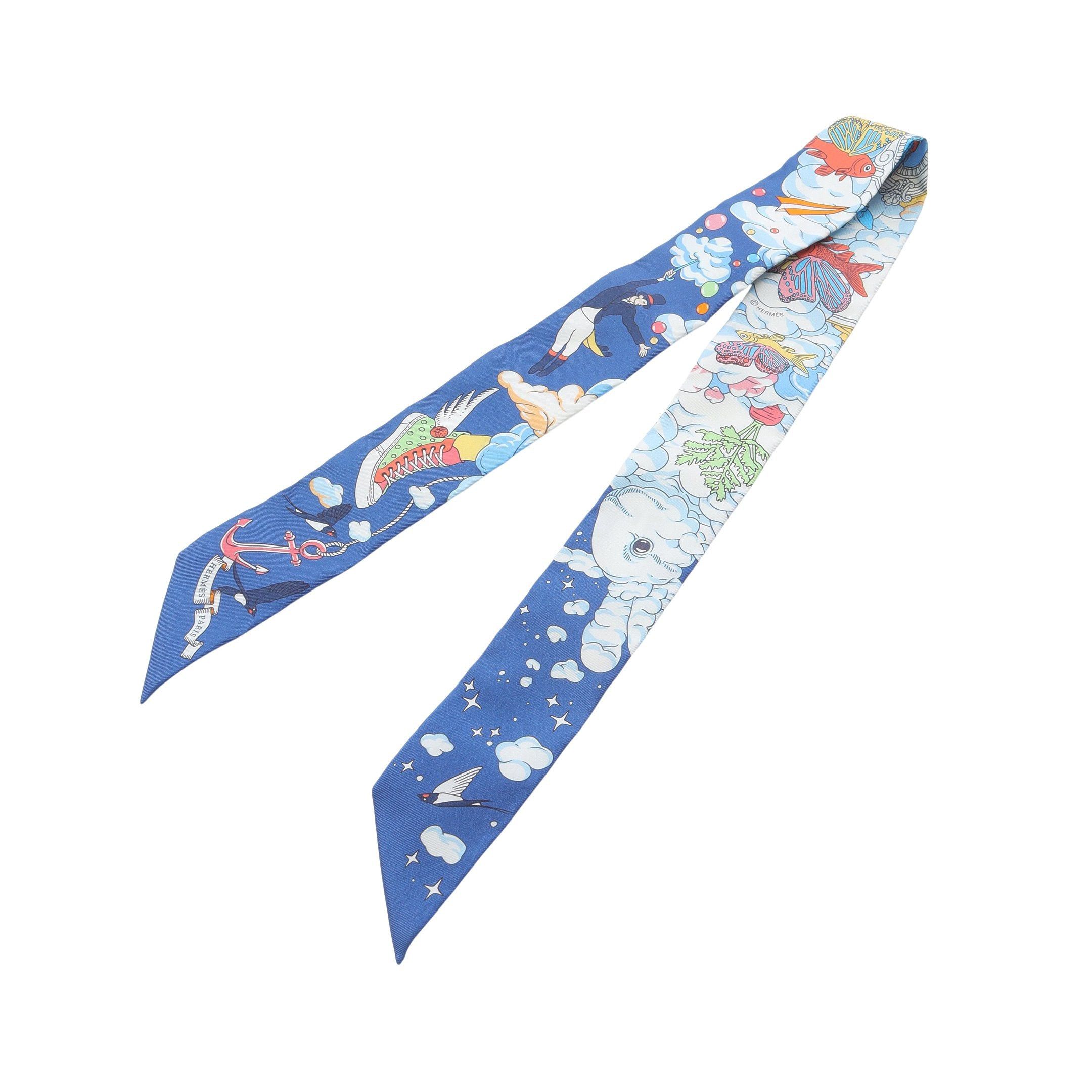 Hermes Hermes Twilly Sur Mon Nuage Ribbon Scarf Silk Dark Blue Multicolor Size ONE SIZE - 4 Thumbnail