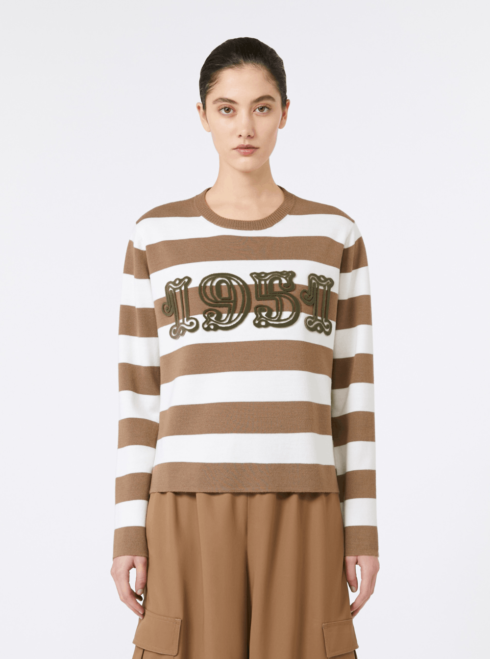 Max Mara 'Viterbo' Beige Crewneck Sweater with Embroidery on the Front and All-Over Striped Motif in Wool Woman Size M / US 6-8 / IT 42-44 - 4 Thumbnail