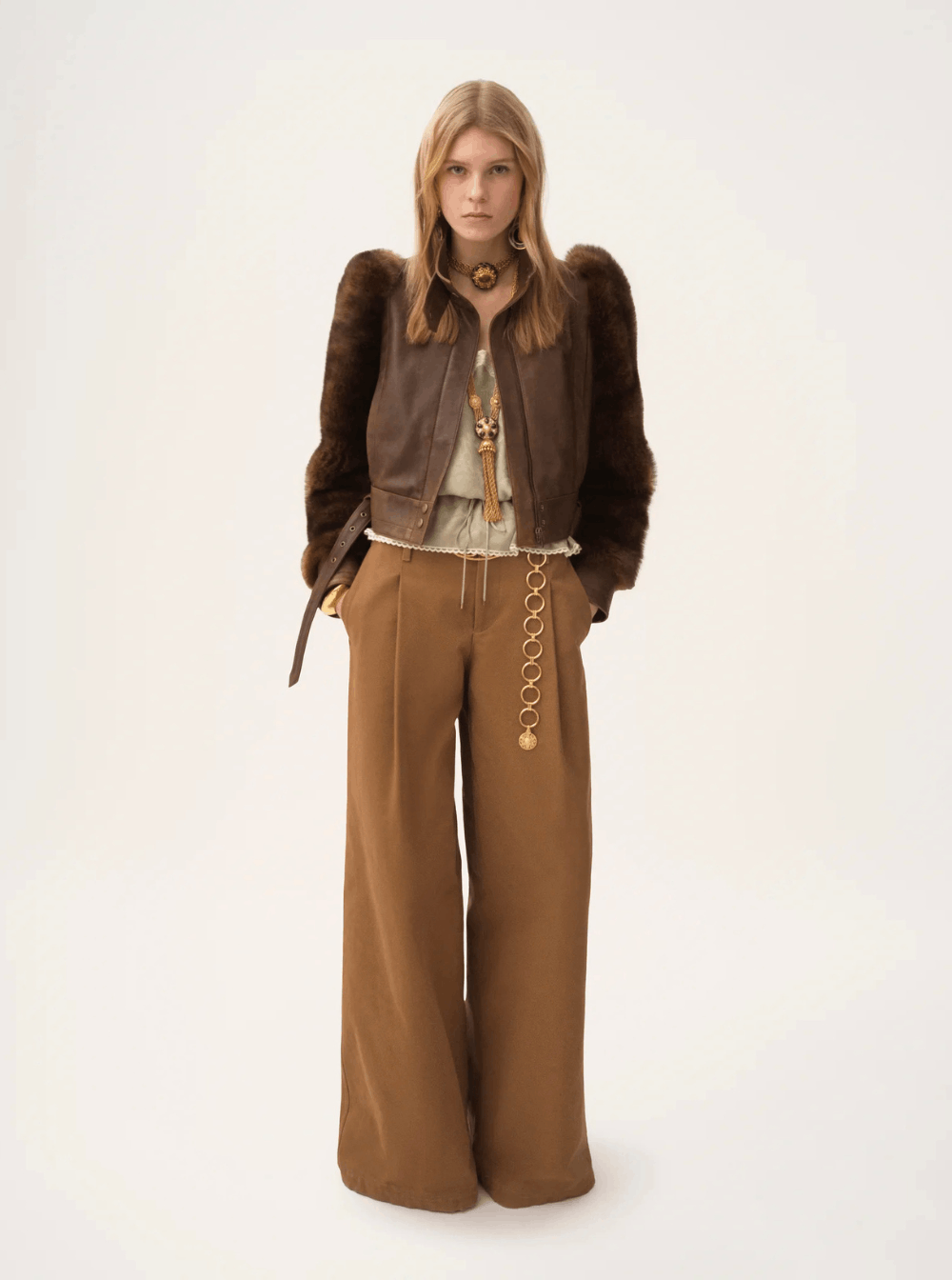 Chloe Brown Pants with Belt Loops and Wide Leg in Cotton Woman Size 27" / US 4 / IT 40 - 4 Thumbnail