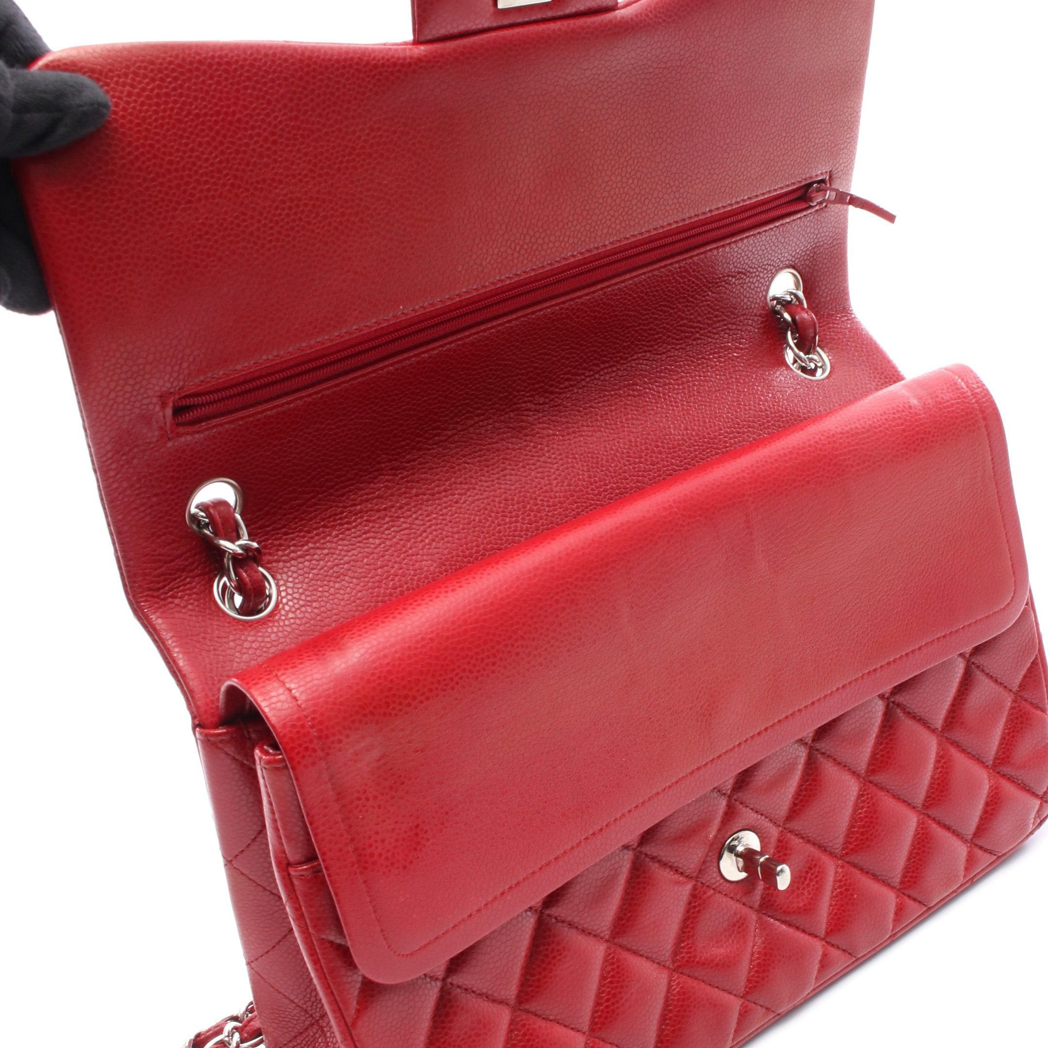 Chanel Chanel Decamatlassé 30 Classic Large Double Flap Chain Shoulder Bag Caviar Skin Red Silver Hardware Size ONE SIZE - 6 Thumbnail