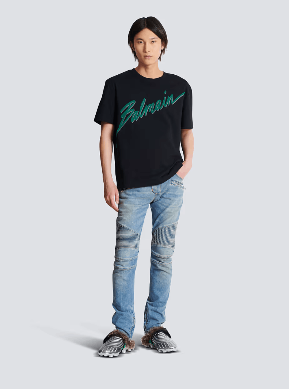 Balmain Black Crewneck T-Shirt with Logo Lettering Print on the Front in Cotton Man Size US M / EU 48-50 / 2 - 4 Thumbnail