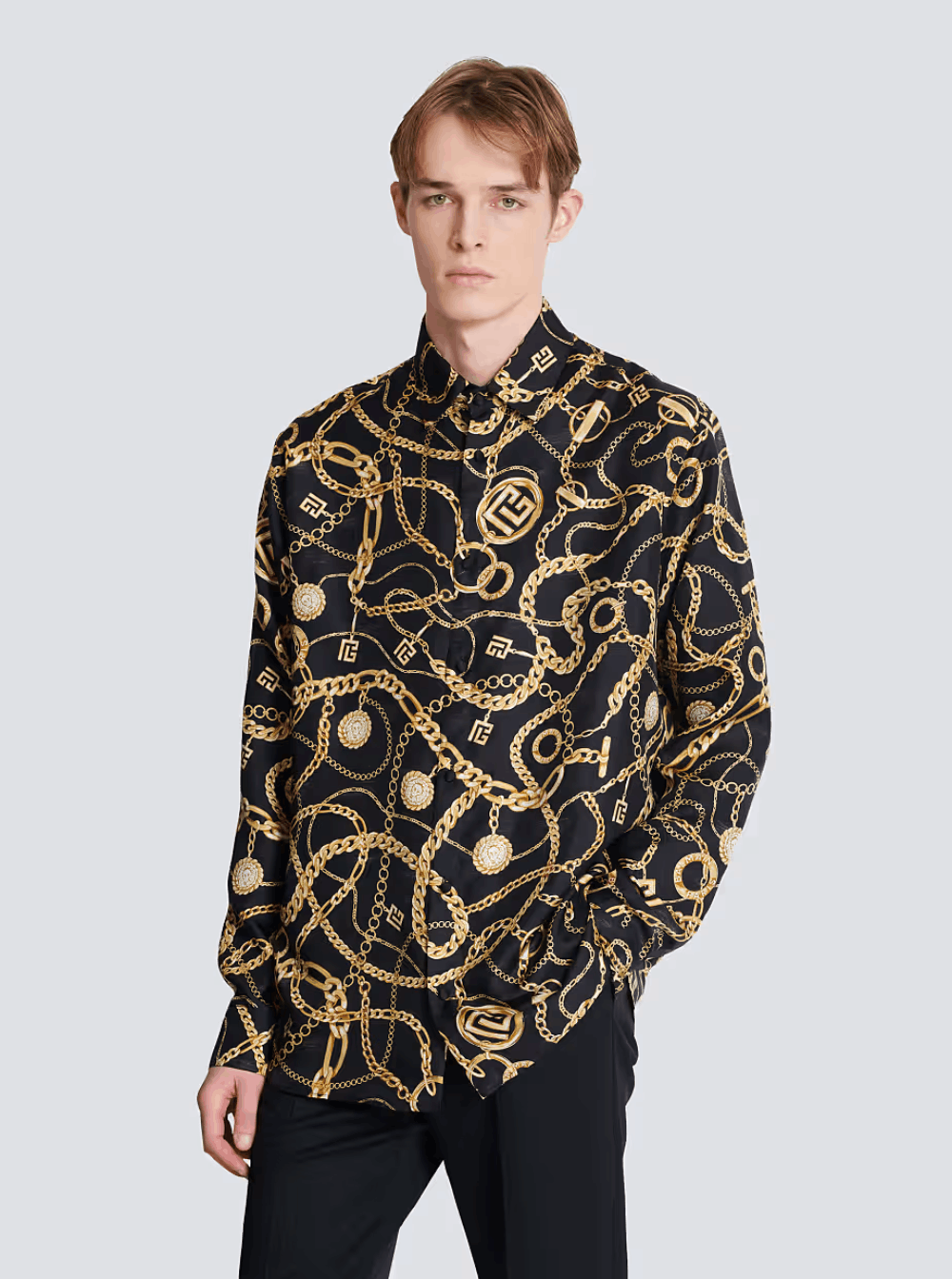 Balmain Black Shirt With Pointed Collar and Chain Print With Logo in Silk Man Size US L / EU 52-54 / 3 - 4 Thumbnail