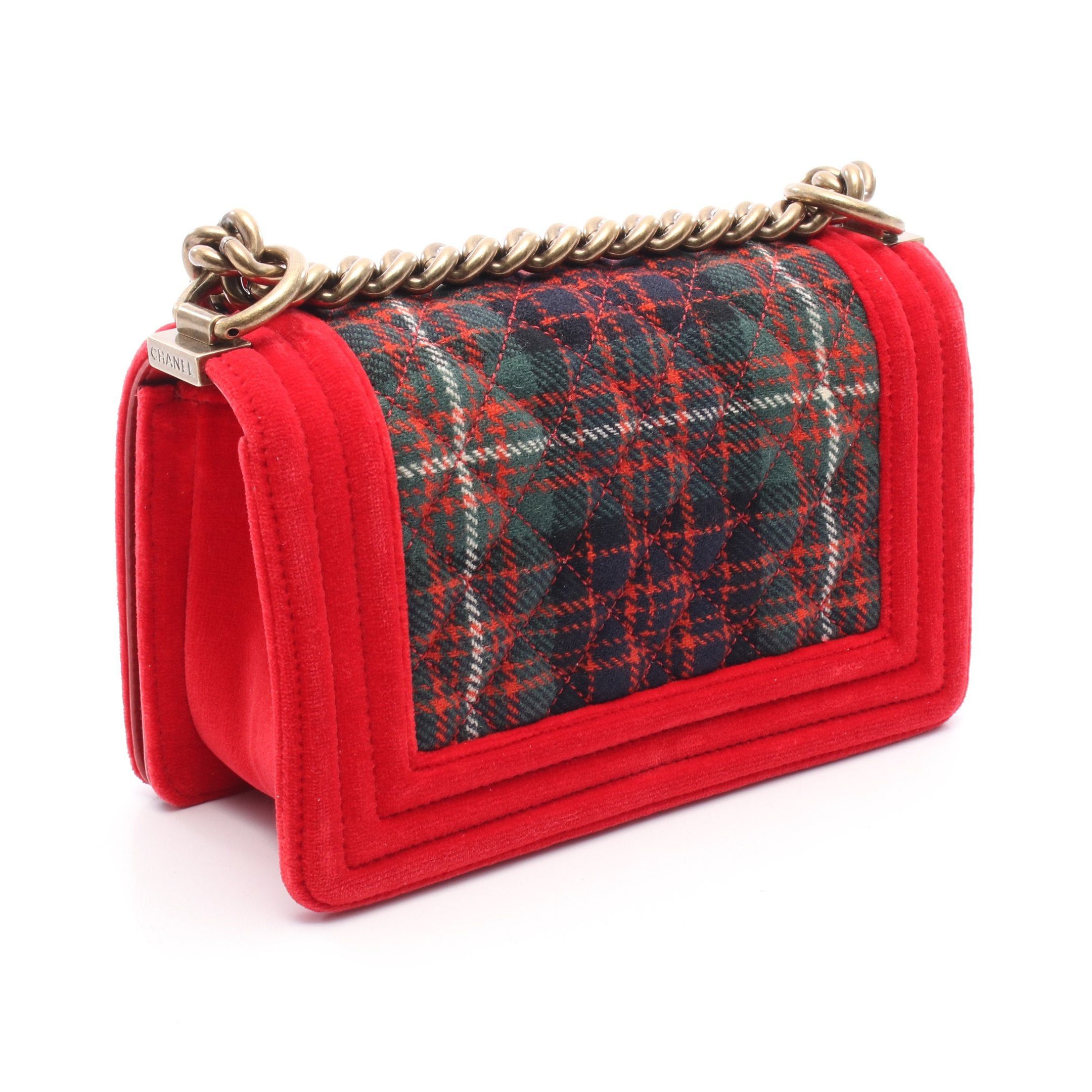Chanel Chanel Boy Chanel Small Chain Shoulder Bag Check Velor Canvas Red Green Multicolor Antique Gold Hardware Size ONE SIZE - 2 Thumbnail