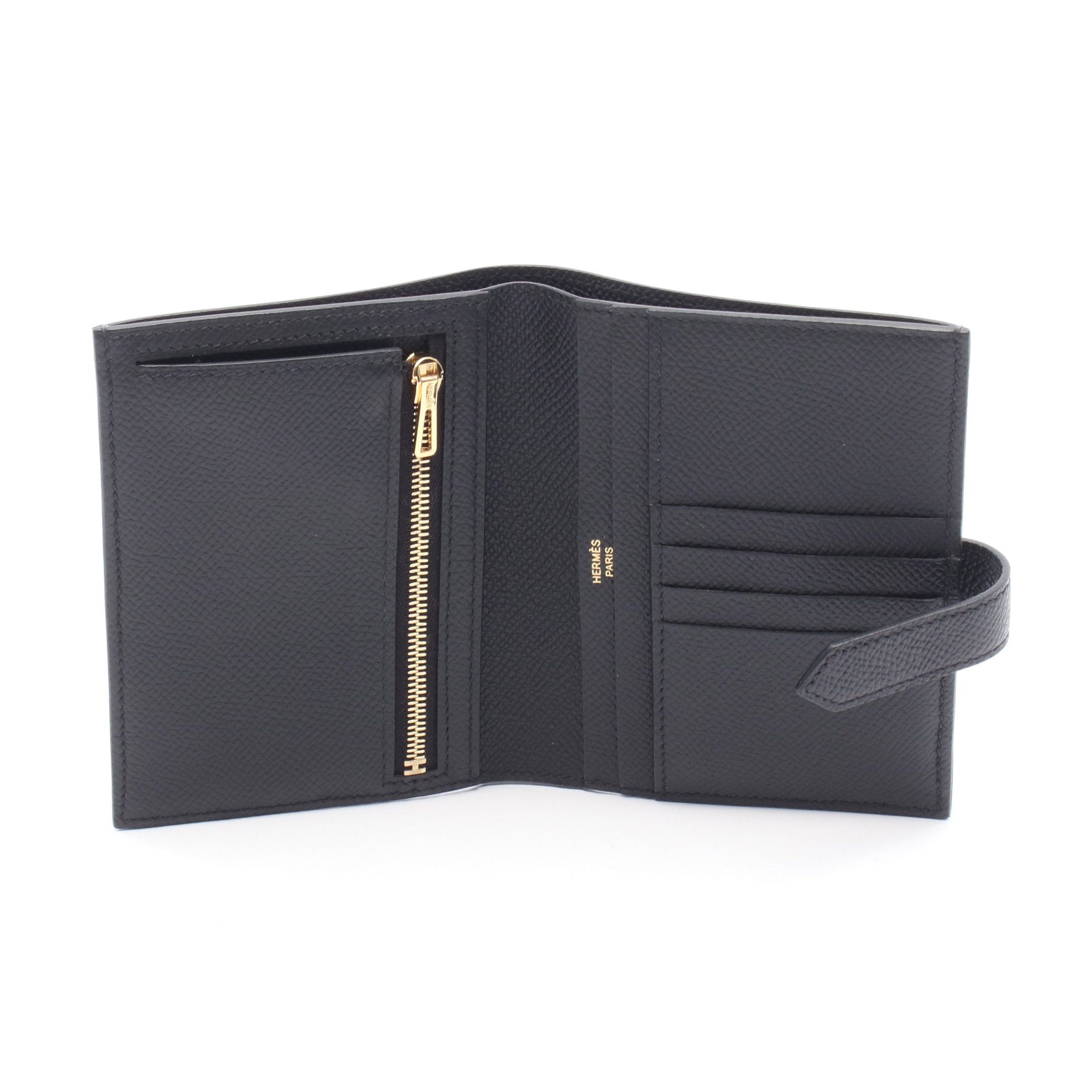 Hermes Hermes Bearn Compact Bi-Fold Wallet Veau Epsom Black Gold Hardware Double Engraved Size ONE SIZE - 3 Thumbnail