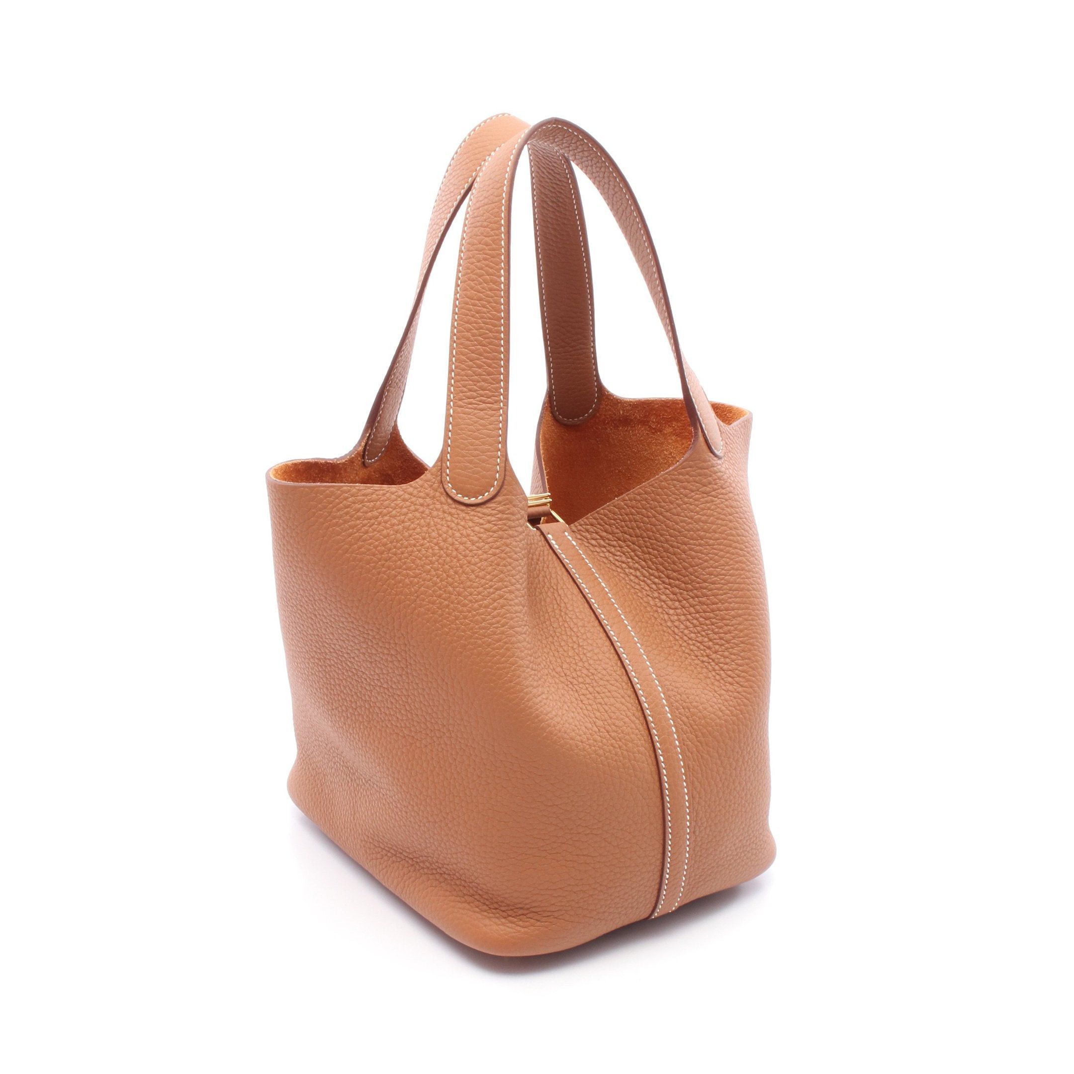 Hermes Picotane Lock Mm Gold Handbag Clemence Leather Brown Hardware Double Engraved