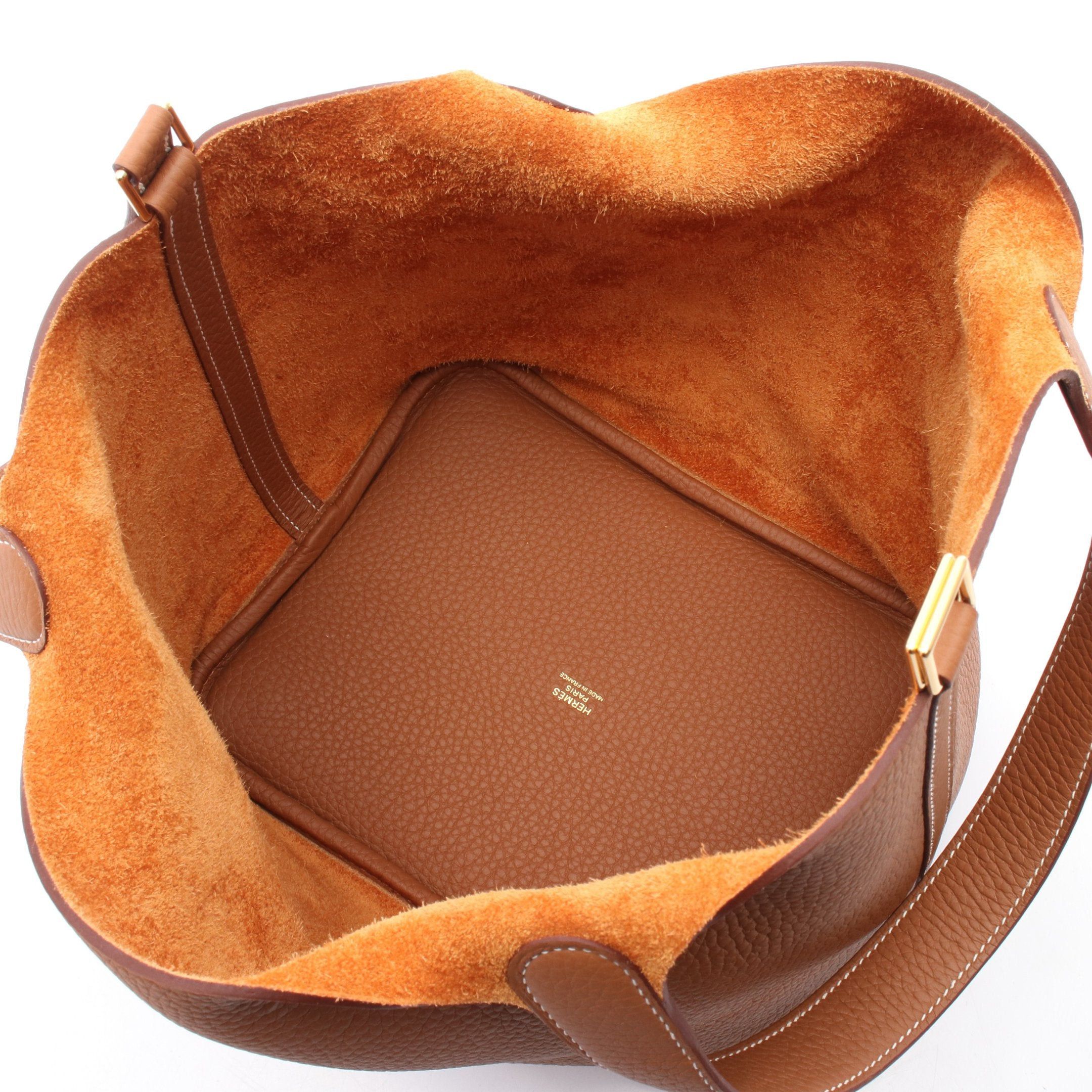 Hermes Picotane Lock Mm Gold Handbag Clemence Leather Brown Hardware Double Engraved