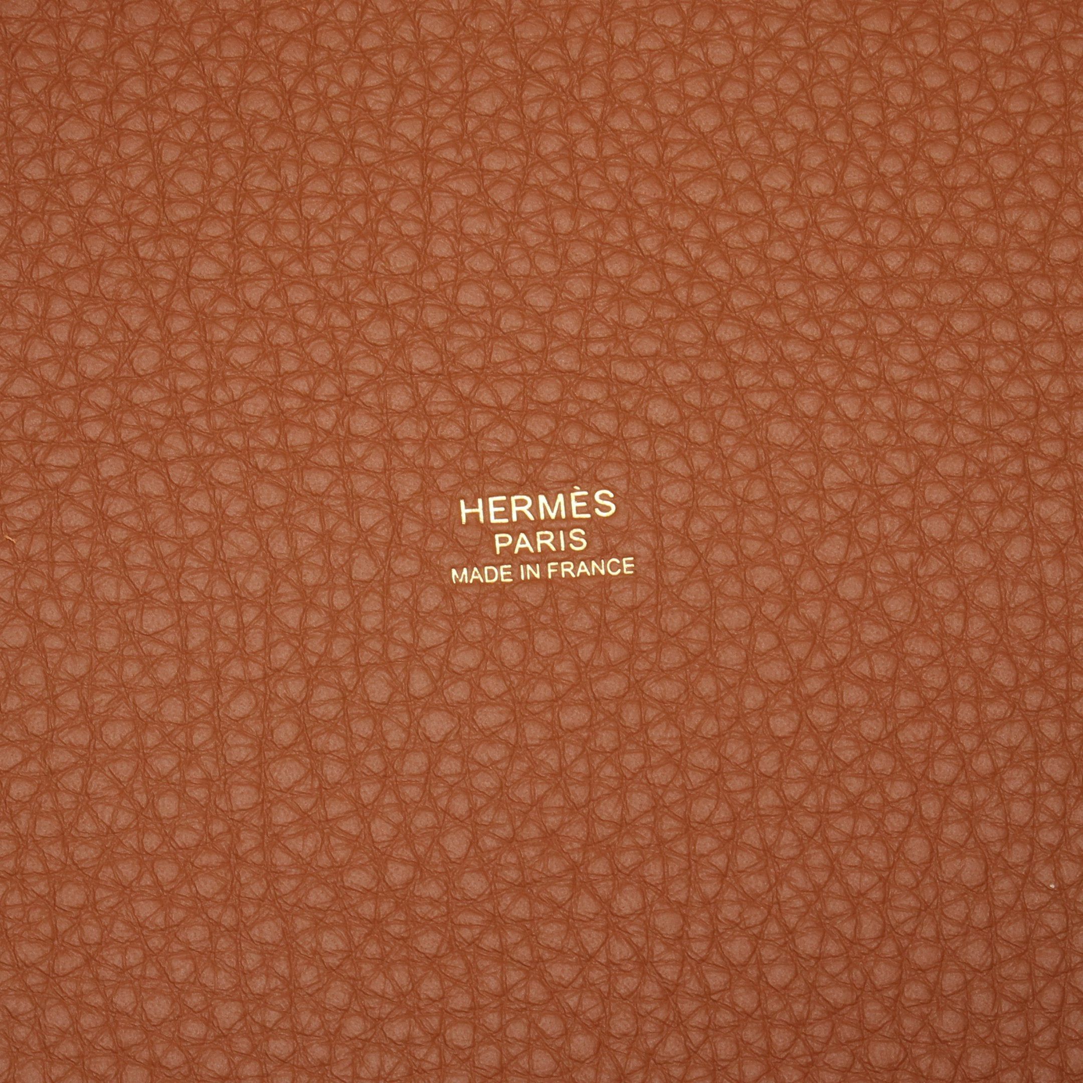 Hermes Picotane Lock Mm Gold Handbag Clemence Leather Brown Hardware Double Engraved