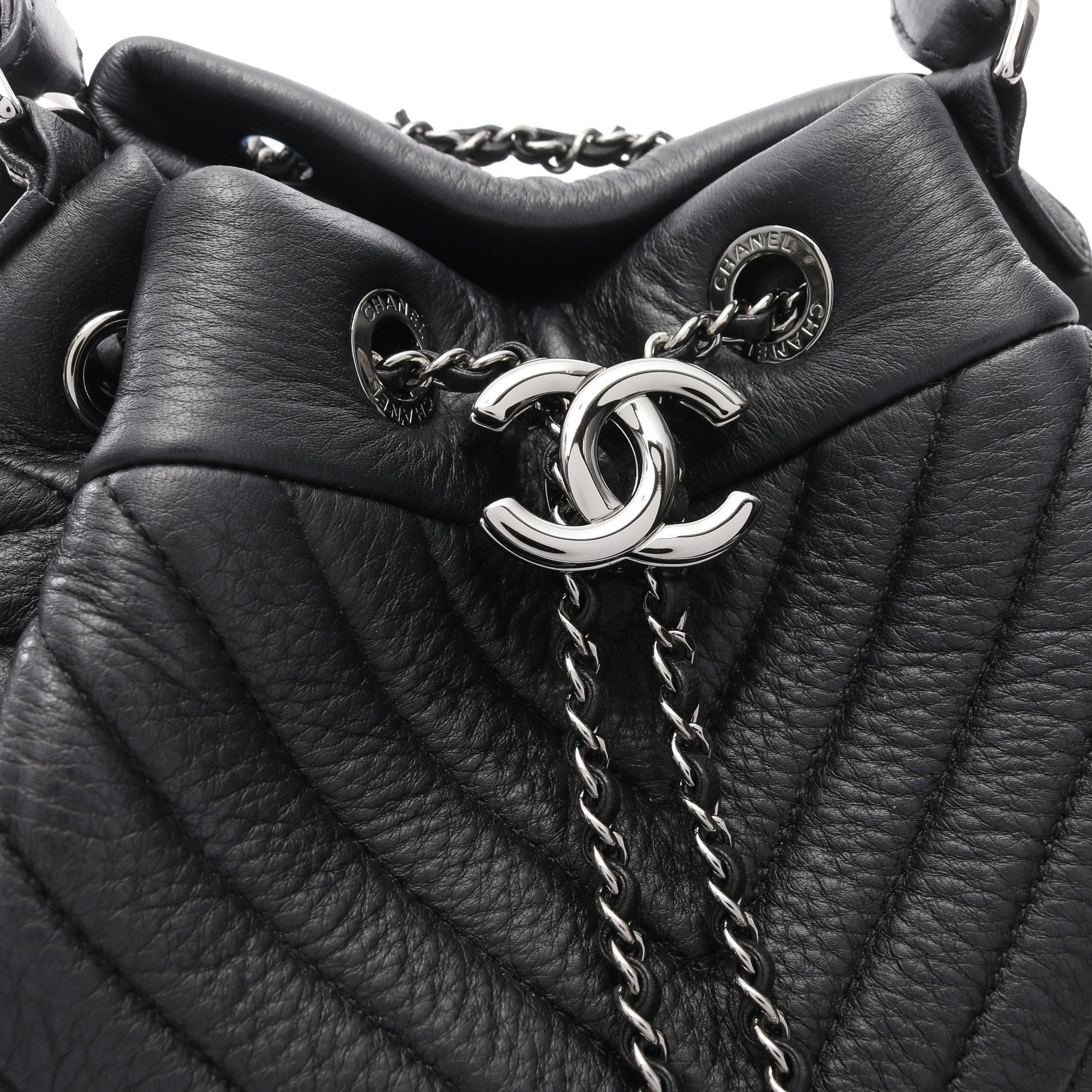 Chanel Chanel Chevron V-Stitch Drawstring Handbag Leather Black Silver Hardware Size ONE SIZE - 7 Thumbnail