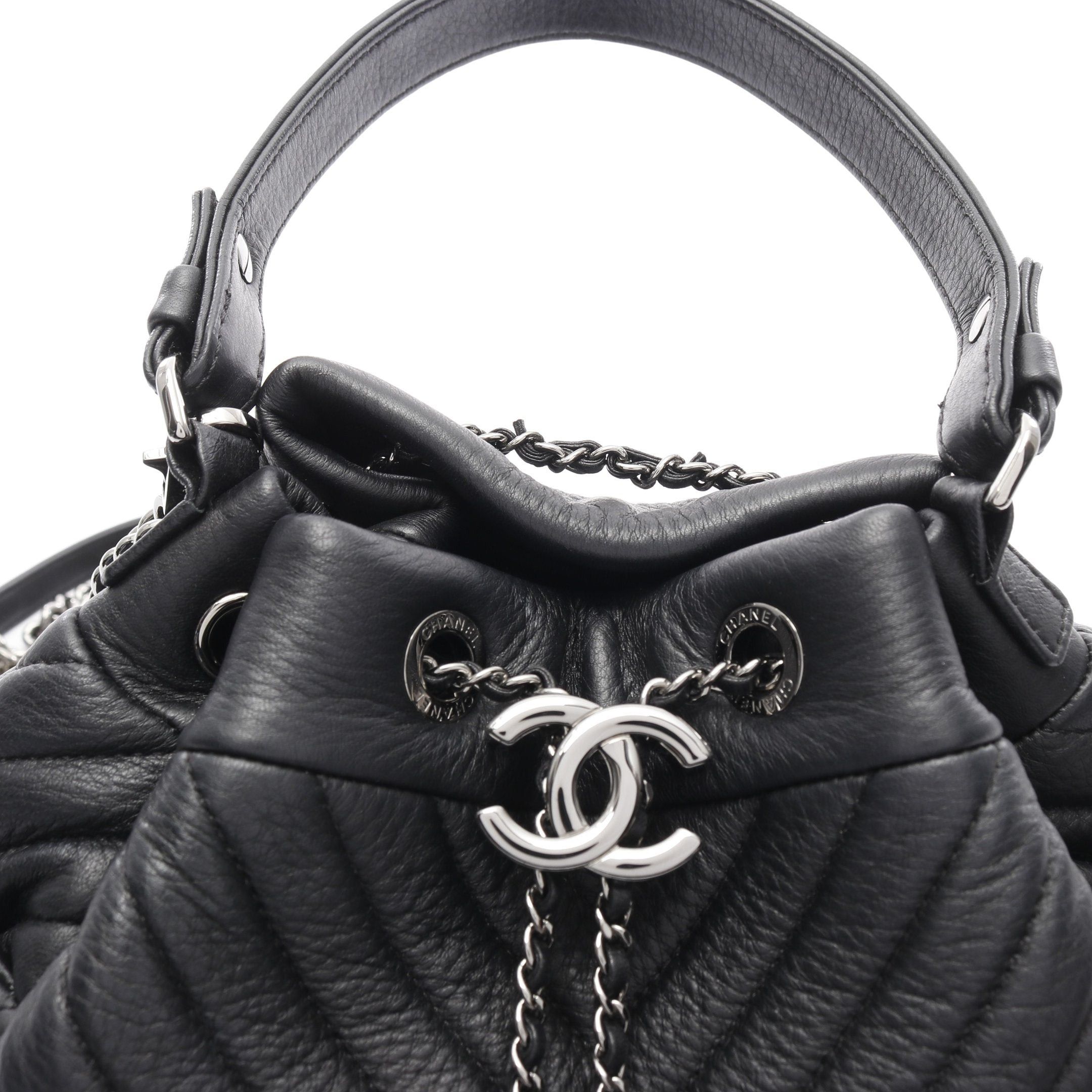 Chanel Chanel Chevron V-Stitch Drawstring Handbag Leather Black Silver Hardware Size ONE SIZE - 6 Thumbnail
